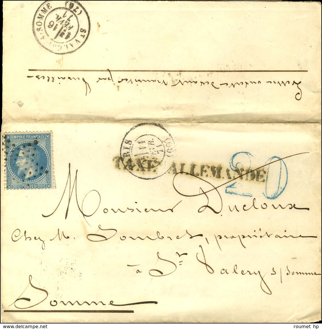 Etoile / N° 29 Càd PARIS (60) 11 FEVR. 71 Sur Lettre Avec Texte Pour St Valéry Sur Somme. Cachet Lineaire TAXE ALLEMANDE - War 1870