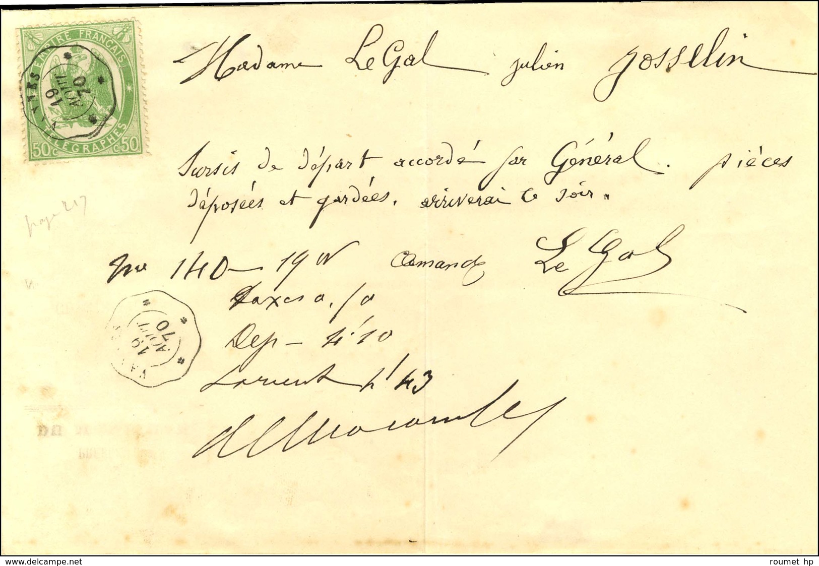 Càd Télégraphique VANNES 19 AOUT 70 / Timbre Télégraphe N° 6 Sur Dépêche Entière. - SUP. - R. - War 1870