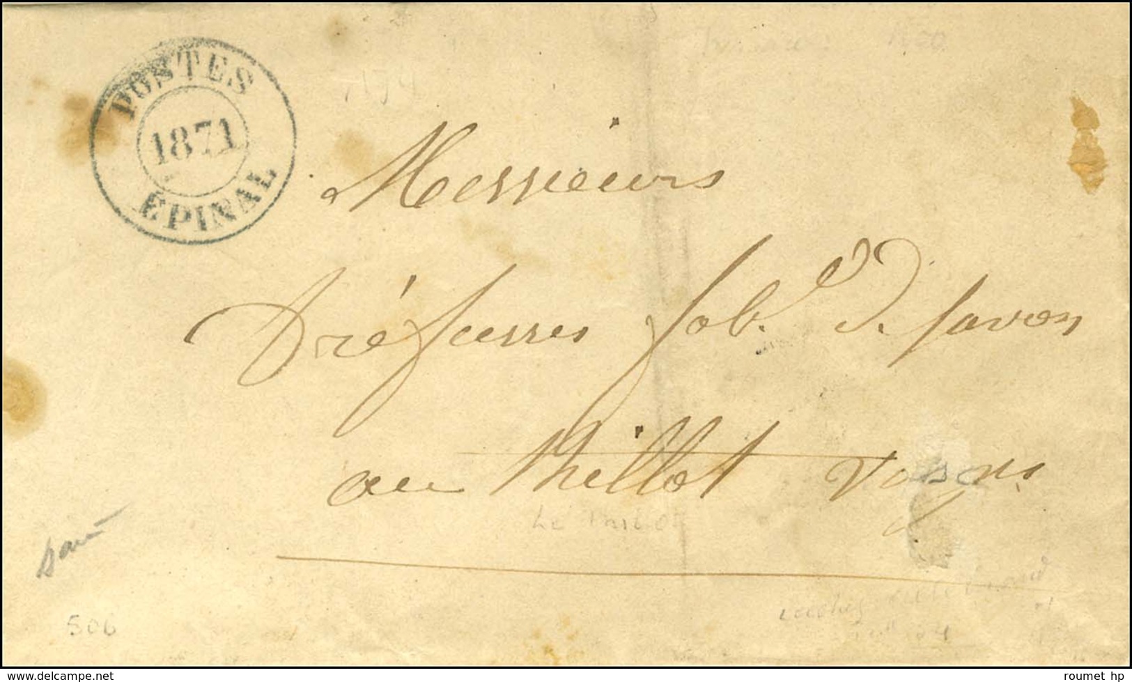 Cachet Bleu POSTES / 1871 / EPINAL Sur Lettre Avec Texte Daté De Deyvillers Adressée En Franchise Le 12 Janvier 1871 Au  - Covers & Documents