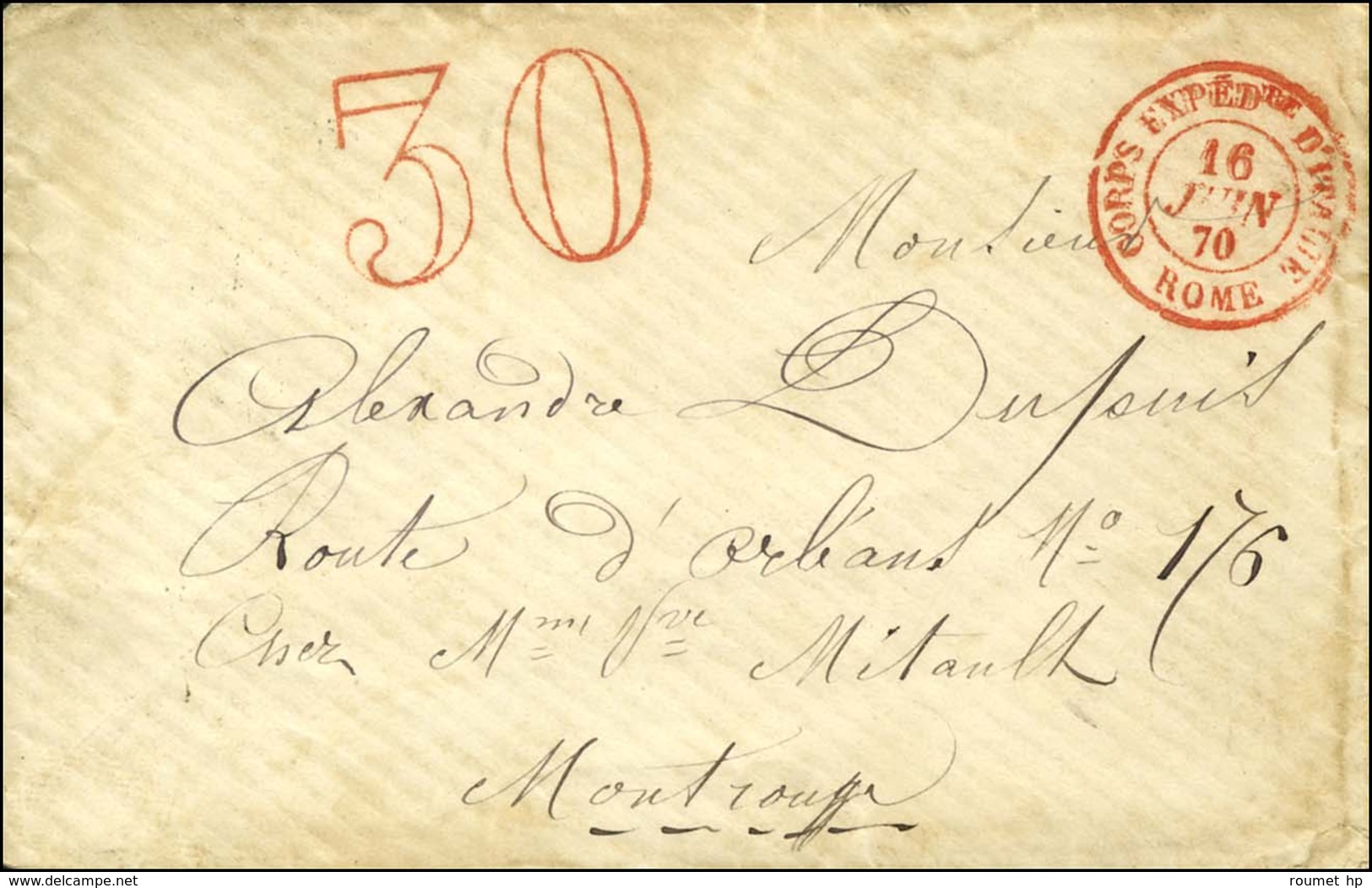 Càd Rouge CORPS EXPEDre D'ITALIE / ROME, Taxe 30 DT Rouge Sur Lettre Pour Montrouge. 1870. - TB / SUP. - R. - Army Postmarks (before 1900)