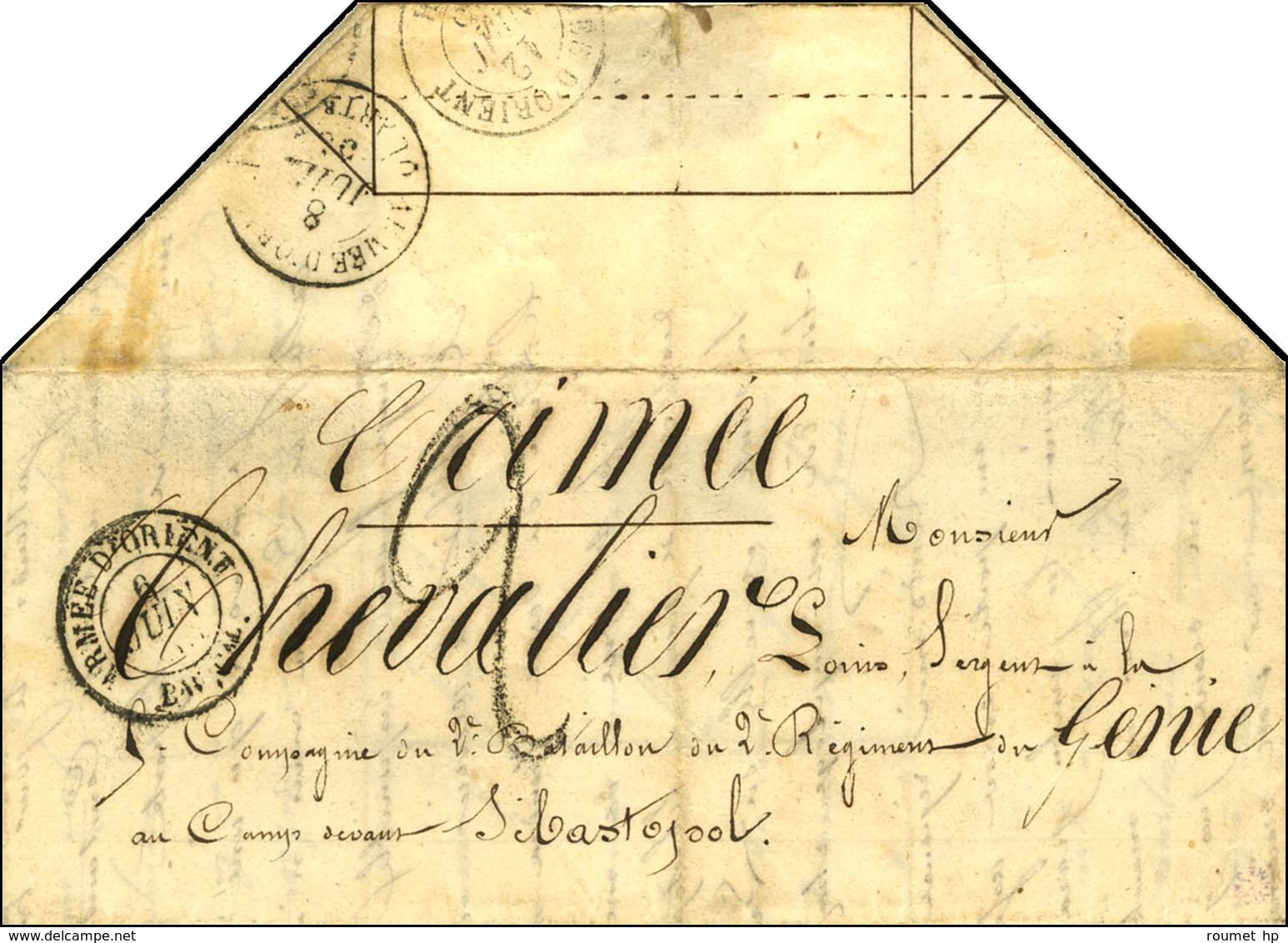 Càd ARMEE D'ORIENT / Bau Cal 6 JUIN 55 Taxe Tampon 2 Sur Lettre Pliée Dessinée Sous Forme D'enveloppe Adressée à Un Mili - Army Postmarks (before 1900)