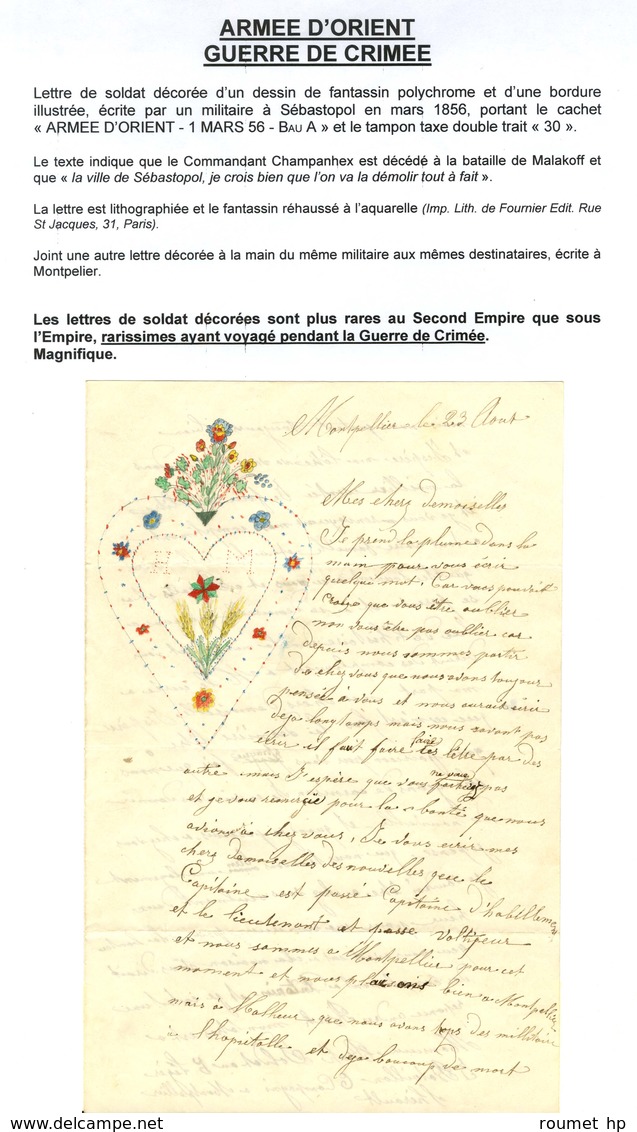 Càd ARMEE D'ORIENT / Bau A 1 MARS 56 Taxe 30 DT Sur Lettre De Soldat Décorée D'un Dessin De Fantassin Réhaussé à L'aquar - Army Postmarks (before 1900)