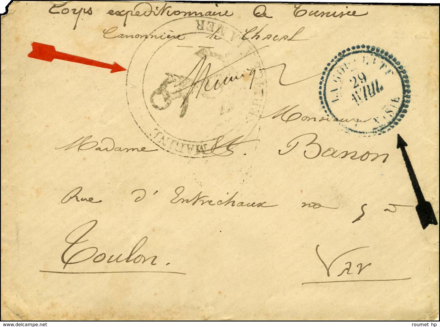 Càd Bleu T 22 LA GOULETTE / TUNISIE Sur Lettre En Franchise Militaire. Au Recto, Grand Cachet MARINE / SERVICE A LA MER  - Army Postmarks (before 1900)