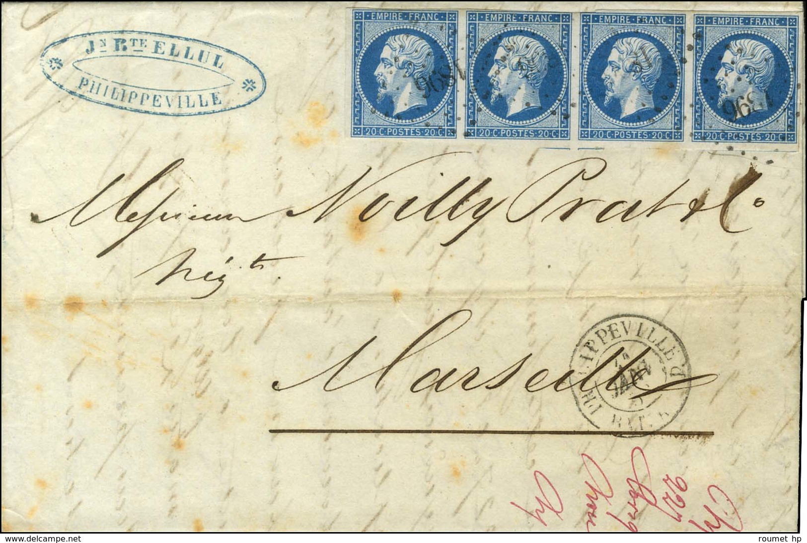PC 1896 (Marseille) / N° 14 Bande De 4 Càd PHILIPPEVILLE / BAT A VAP Sur Lettre 3 Ports Pour Marseille. 1859. - TB. - Maritime Post