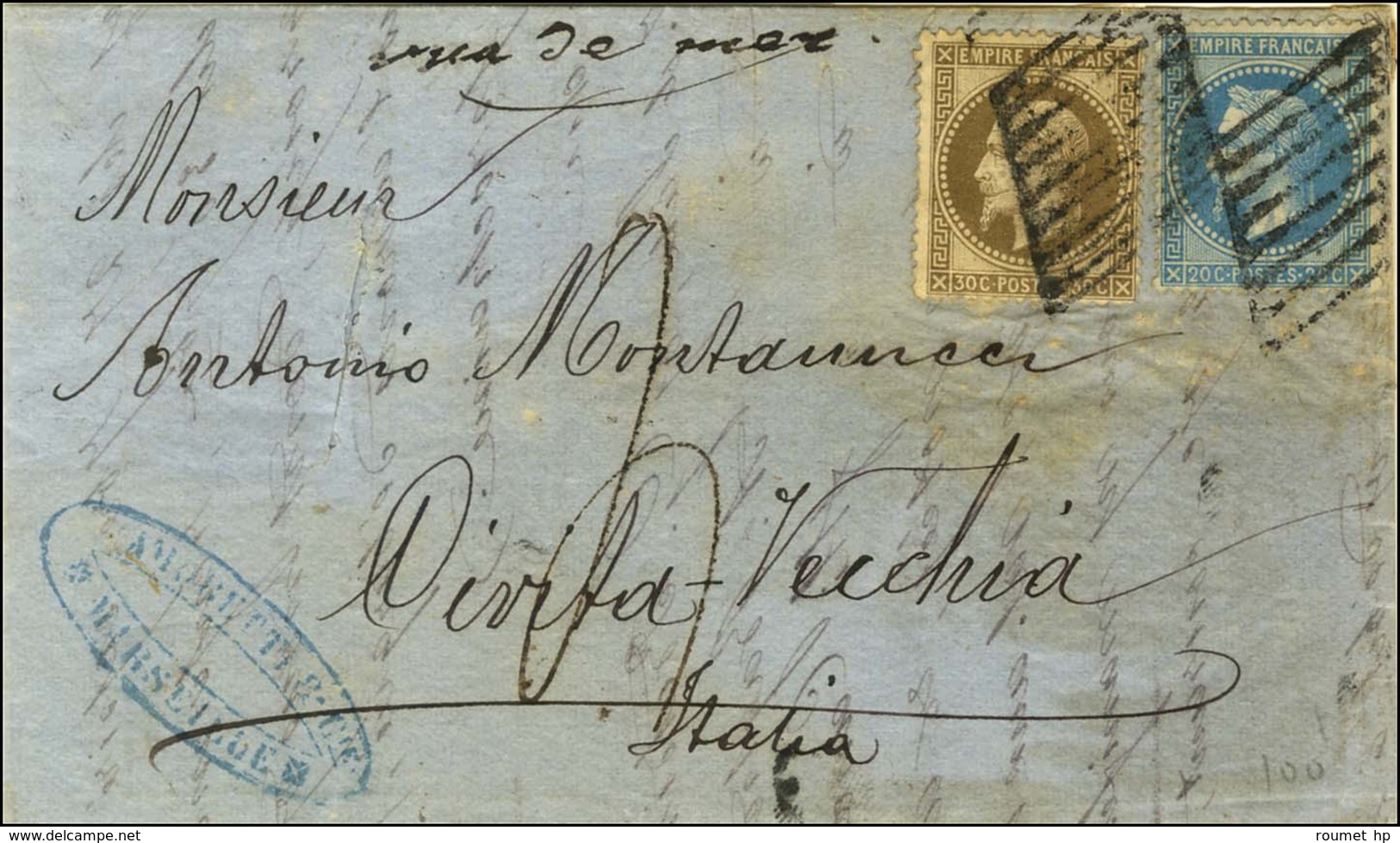 Grille De Civita Vecchia / N° 29 + 30 Sur Lettre Avec Texte De Marseille Pour Civita Vecchia. Au Recto, Taxe 4 Manuscrit - Schiffspost