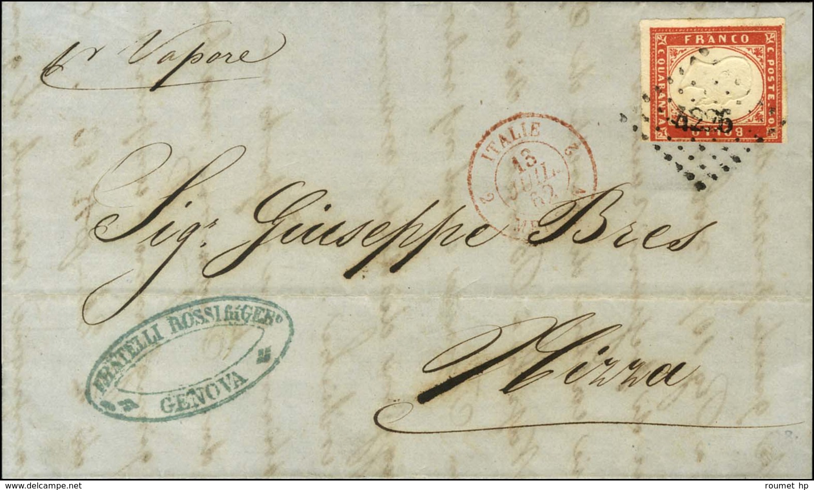 PC 4226 / Sardaigne 40c Sur Lettre De Gênes Pour Nice. Càd D'entrée Rouge 2 ITALIE 2 / MENTON. 1862. - TB / SUP. - R. - Maritime Post