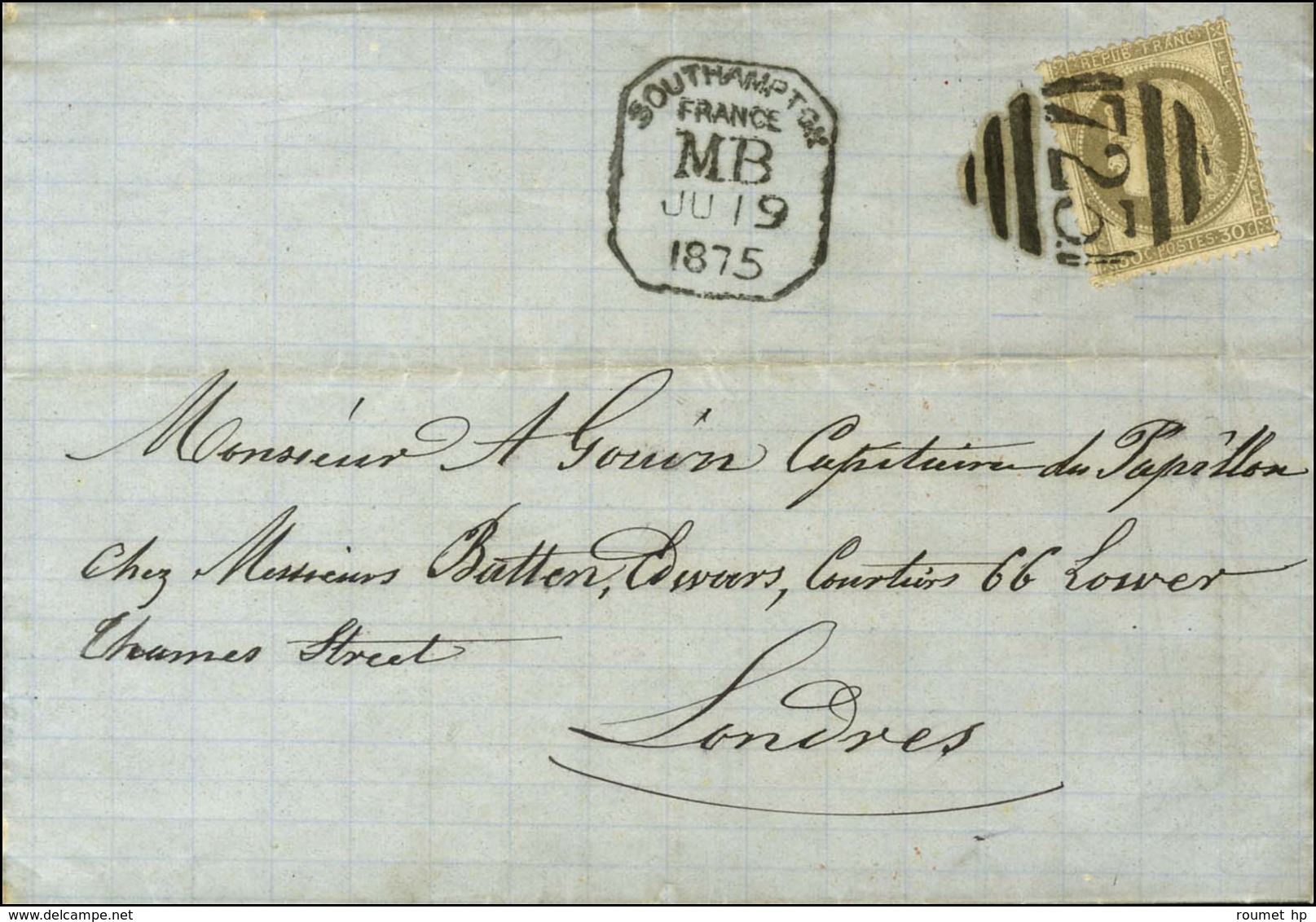 KILLER 723 / N° 56 Cachet Encadré SOUTHAMPTON / FRANCE / MB Sur Lettre Avec Texte Daté De St Malo Pour Londres. 1875. -  - Maritime Post
