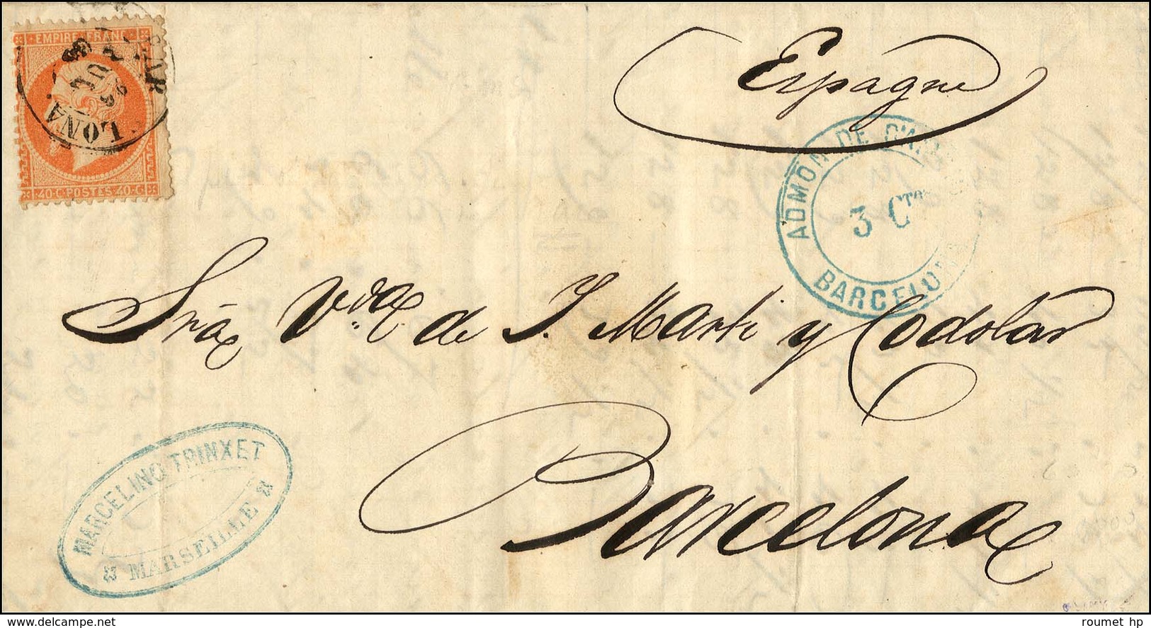 Càd BARCELONA / N° 23 Sur Lettre De Marseille Pour Barcelone. A Côte, Cachet Bleu ADMON DE CAMBIO / 3 CTS / BARCELONA. E - Maritime Post