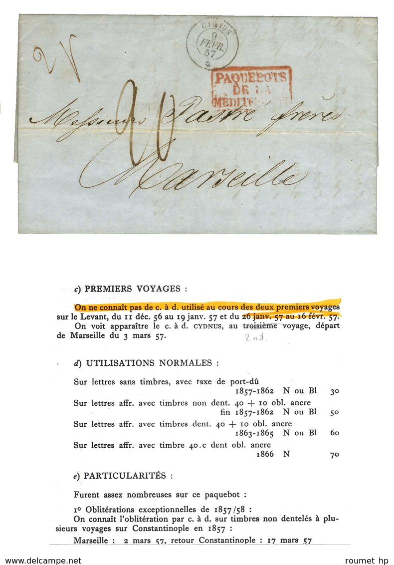 Càd CYDNUS * 9 FEVR. 57 (1ère Date) Sur Lettre 2 Ports De Constantinople Pour Marseille. - SUP. - R. - Maritime Post