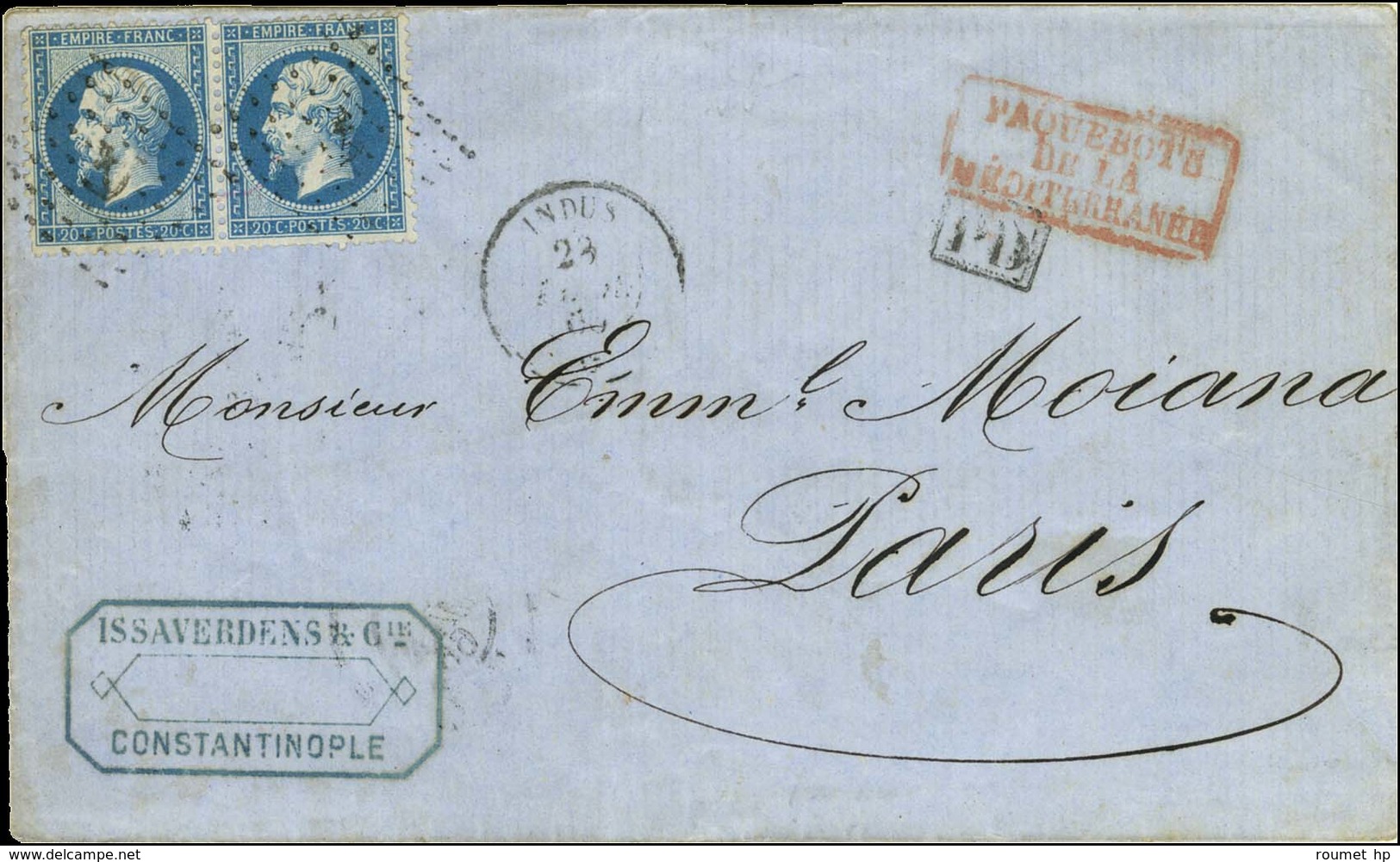 Ancre / N° 22 Paire Càd INDUS * 23 FEVR. 66 Sur Lettre De Constantinople Pour Paris. - TB. - Maritime Post