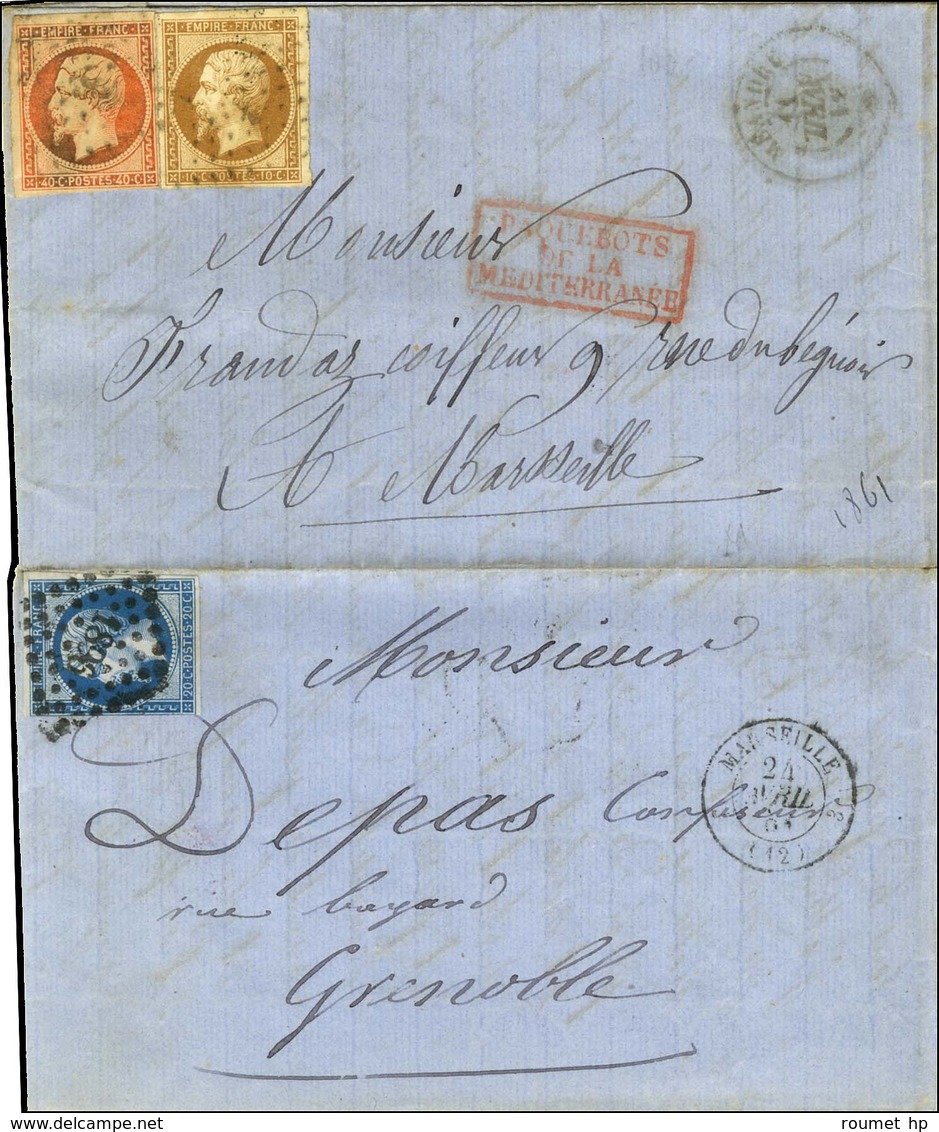 Ancre / N° 13 + 16 Càd MEANDRE * 11 AVRIL 61 Sur Lettre De Constantnople Pour Marseille, Retournée Et Expédiée à Grenobl - Maritime Post