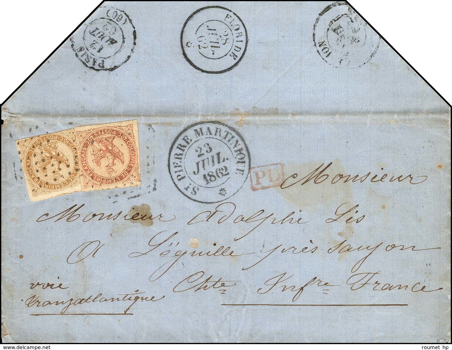Losange / CG N° 3 + 5 Càd ST PIERRE MARTINIQUE * Sur Lettre Pour La France, Au Verso Très Rare Càd FLORIDE *. 1862. - TB - Maritime Post