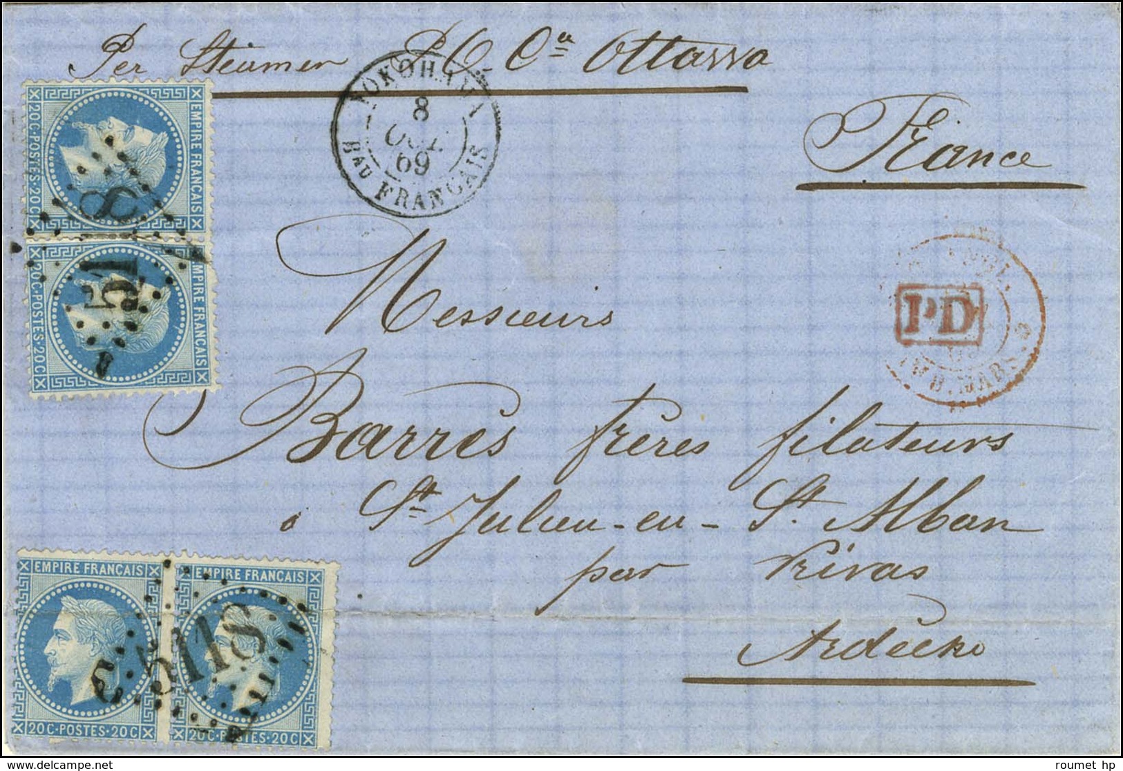 GC 5118 / N° 29 (2 Paires, 1 Pli) Càd YOKOHAMA / Bau FRANCAIS Sur Lettre Pour Privas. 1869. - TB / SUP. - R. - Other & Unclassified