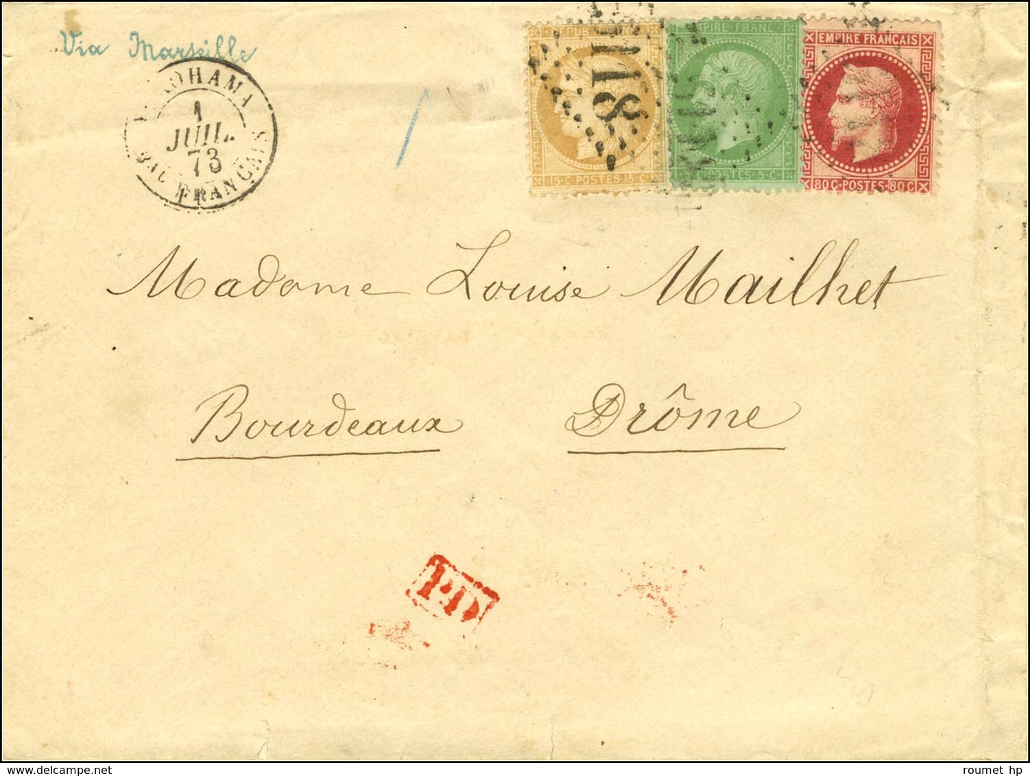 GC 5118 / N° 32 + 35 (pd) + 59 Càd YOKOHAMA / Bau FRANCAIS Sur Lettre Pour Bourdeaux (Drôme). 1873. Bel Affranchissement - Other & Unclassified