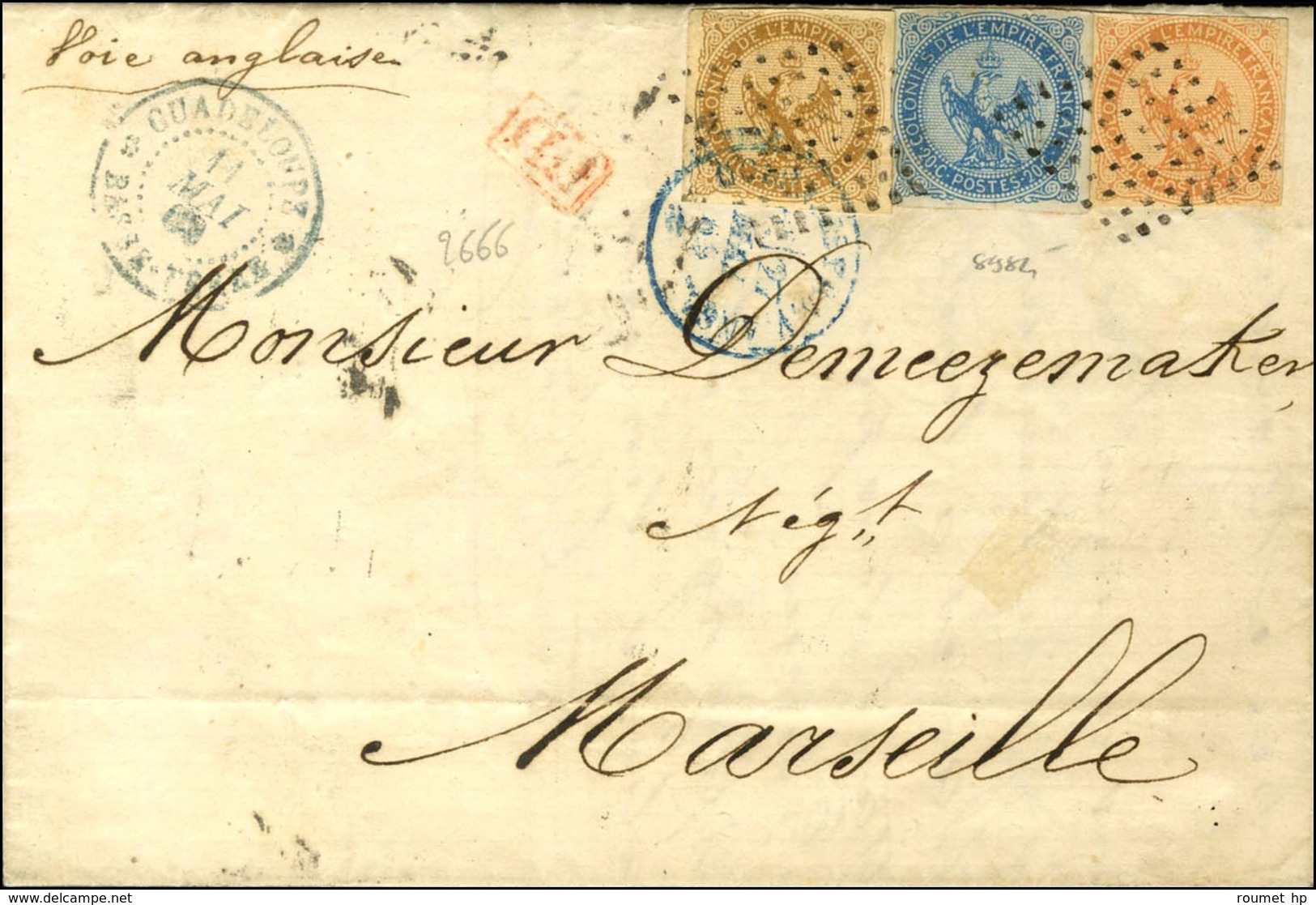 Losange / CG N° 3 + 4 + 5 Càd Bleu GUADELOUPE / BASSE-TERRE Sur Lettre Pour Marseille. 1869. - TB. - R. - Other & Unclassified