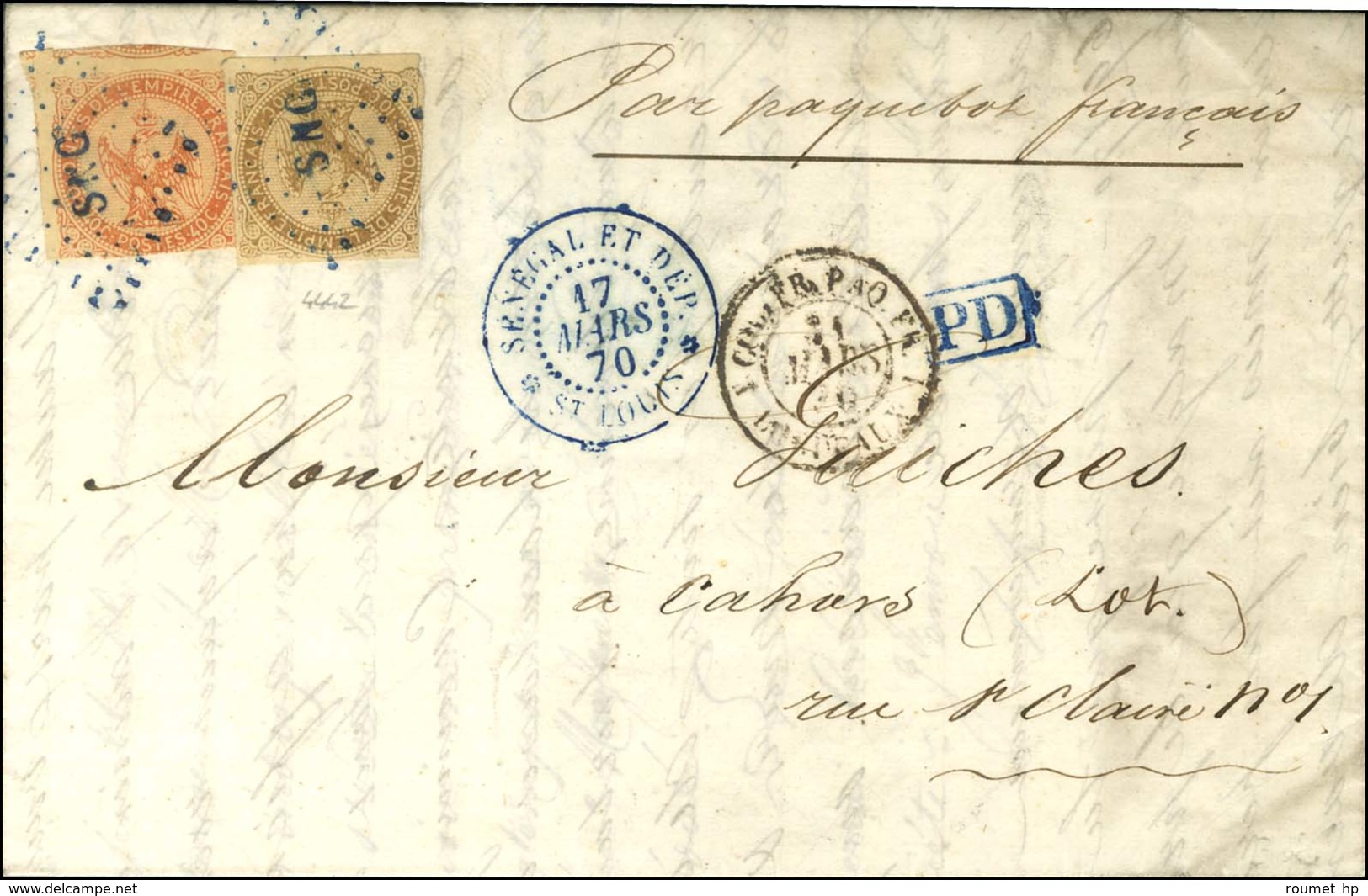 Losange Bleu SNG / CG N° 3 + 5 Càd Bleu SÉNÉGAL ET DÉP / St LOUIS Sur Lettre Pour Cahors. 1870. - TB / SUP. - R. - Other & Unclassified