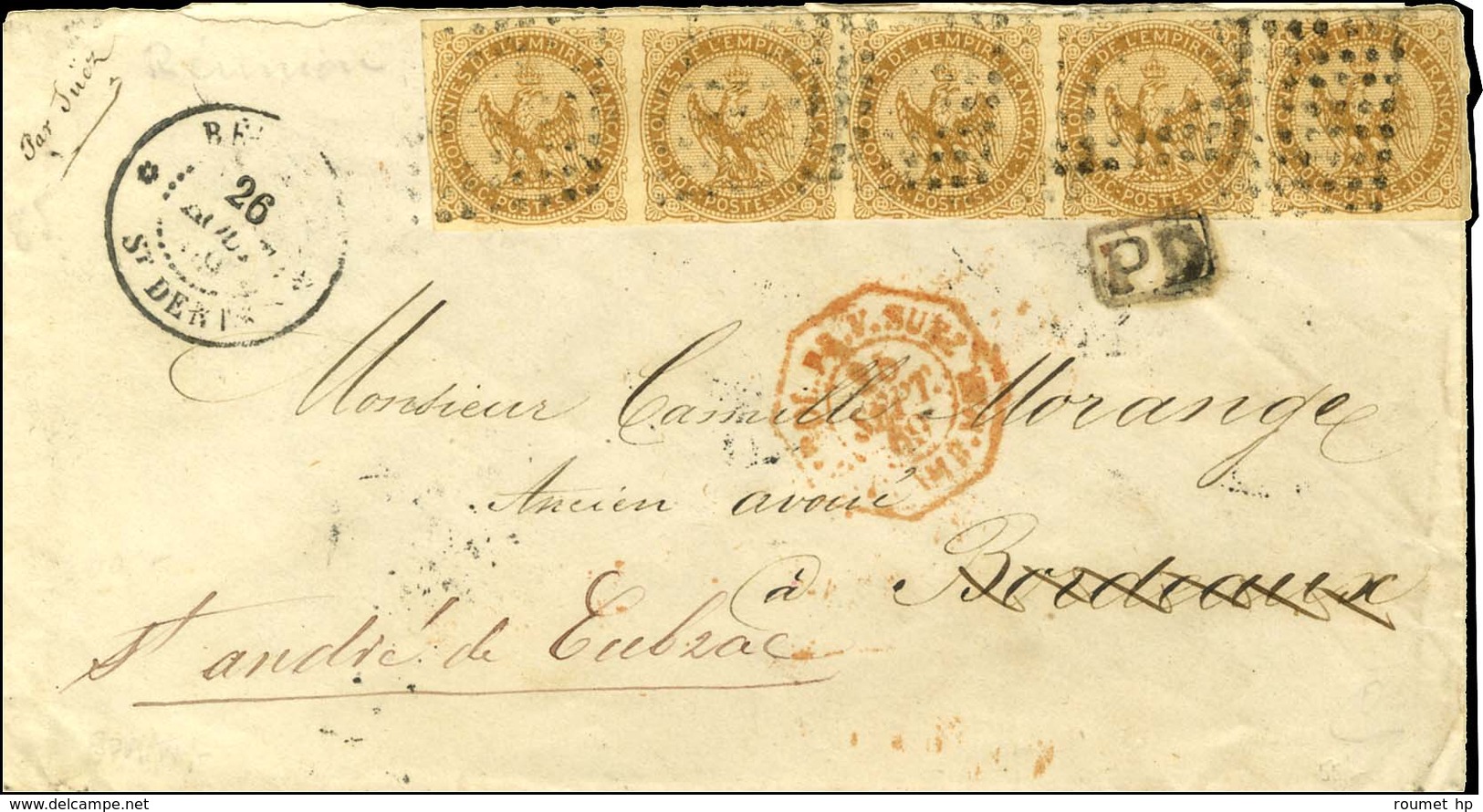 Losange / CG N° 3 Bande De 5 Càd REUNION / St DENIS Sur Lettre Pour Bordeaux. 1869. - TB. - R. - Other & Unclassified