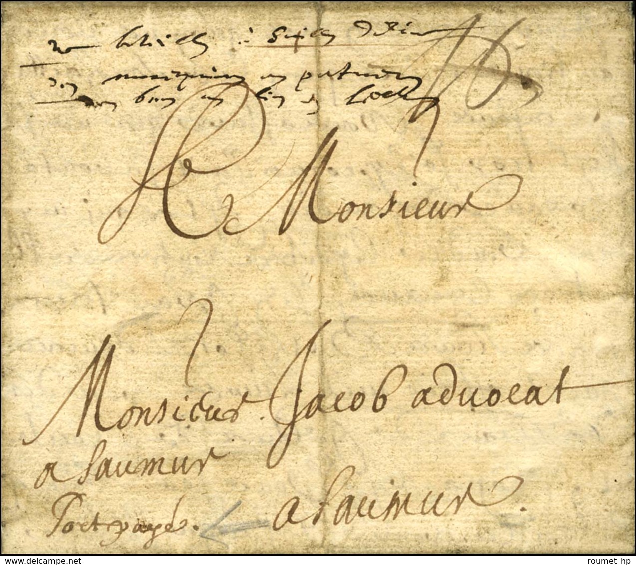 '' Port Payé '' Sur Lettre Avec Texte Daté D'Angers Pour Saumur. 1664. - TB. - R. - ....-1700: Precursors