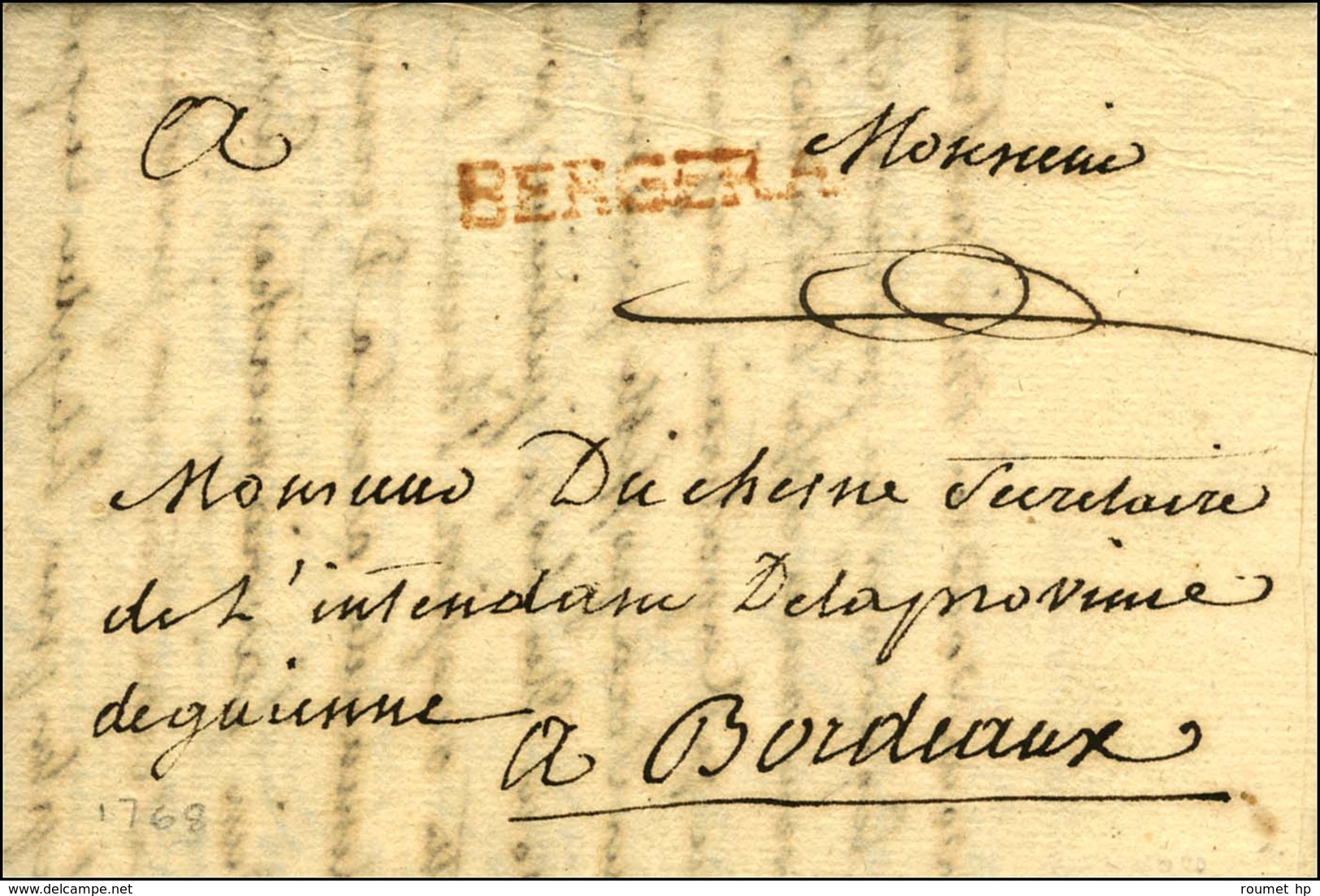 BERGERA Rouge (L N° 3A) Sur Lettre Avec Texte En Franchise Pour Bordeaux. 1758. - TB / SUP. - 1701-1800: Precursors XVIII