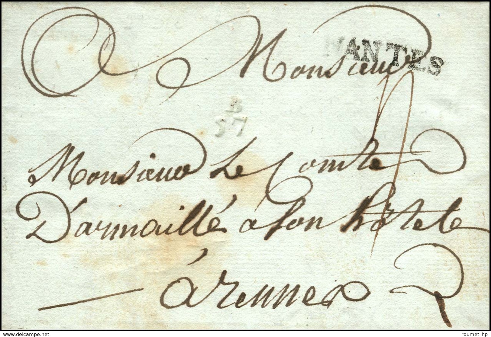 Lettre Avec Texte Daté '' Au Château Des Moutiers '' Pour Rennes Remise à La Petite Poste Au Boitier B / 57 (St Sébastie - 1701-1800: Precursors XVIII