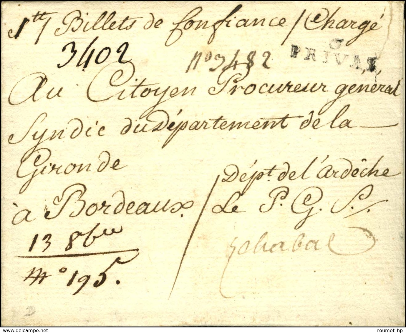 6 / PRIVAS Sur Lettre Chargée Avec Paraphe Du Procureur Général Chabal. 1793. - SUP. - Other & Unclassified