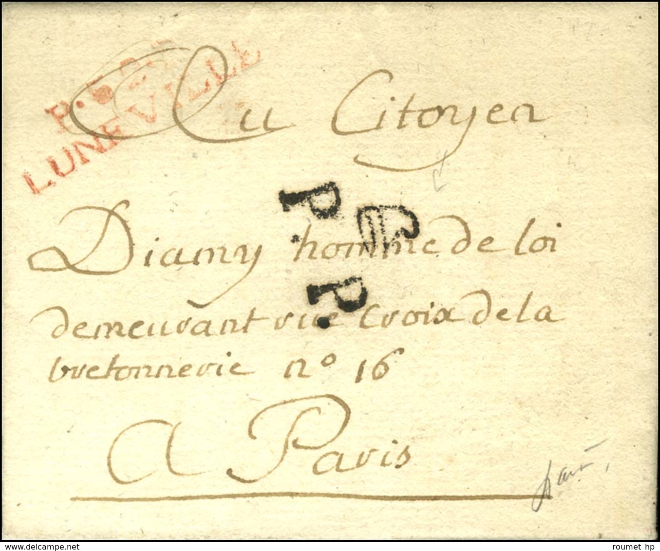 P.52.P. / LUNEVILLE Rouge Sur Lettre Avec Texte Daté 1800, Adressée à Paris. Au Recto, P.P. Bonnet Phrygien. - SUP. - R. - Other & Unclassified