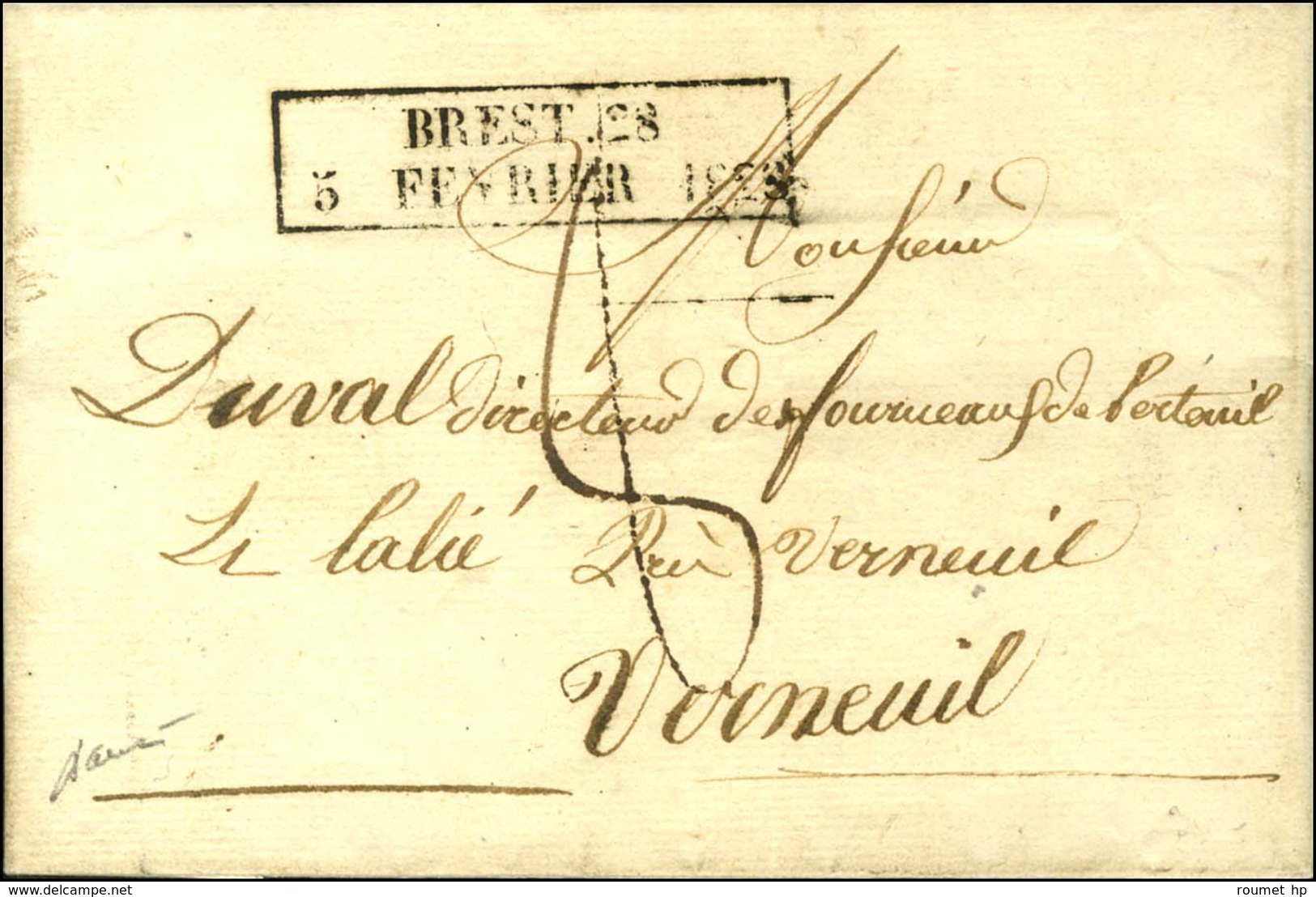 Cachet D'essai Encadré De Février 28 : BREST 28 / 5 FEVRIER 1828. - SUP. - RR. - Other & Unclassified