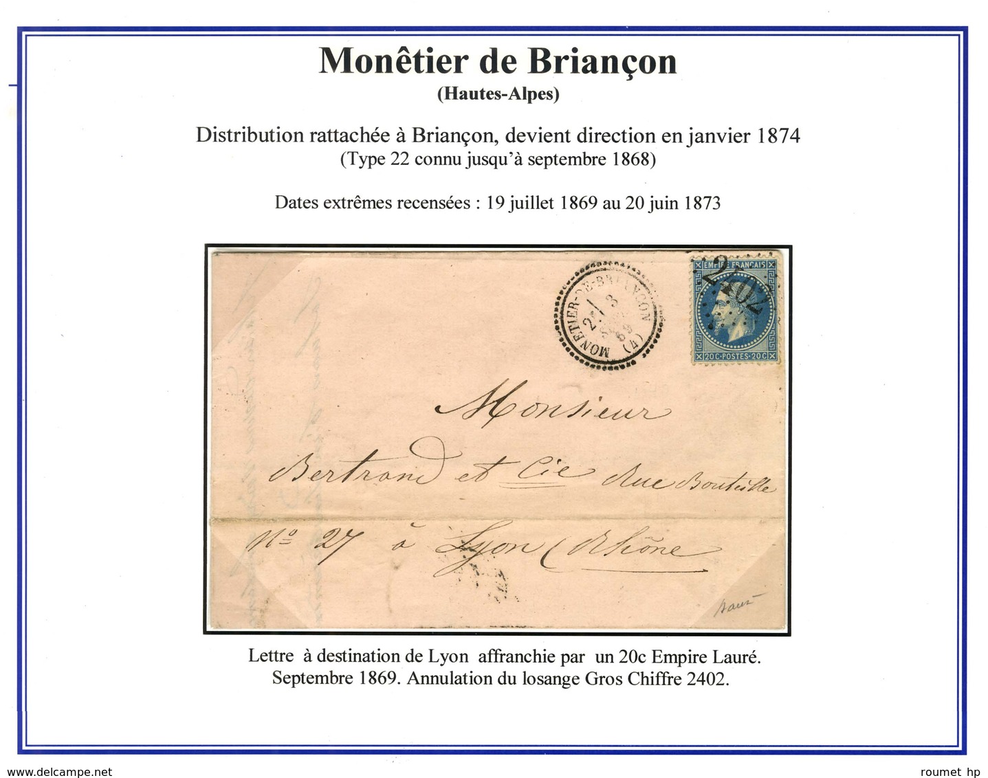 GC 2402 / N° 29 Càd T 23 MONETIER-DE-BRIANCON (4). 1869. - TB / SUP. - R. - Other & Unclassified