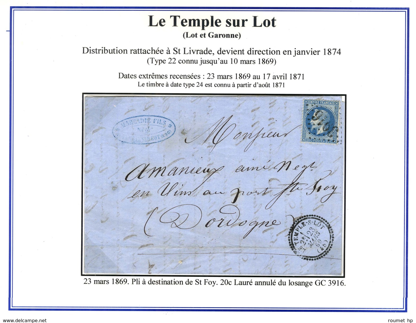 GC 3916 / N° 29 Càd T 23 LE TEMPLE-S-LOT (45). 1869. - SUP. - RR. - Other & Unclassified