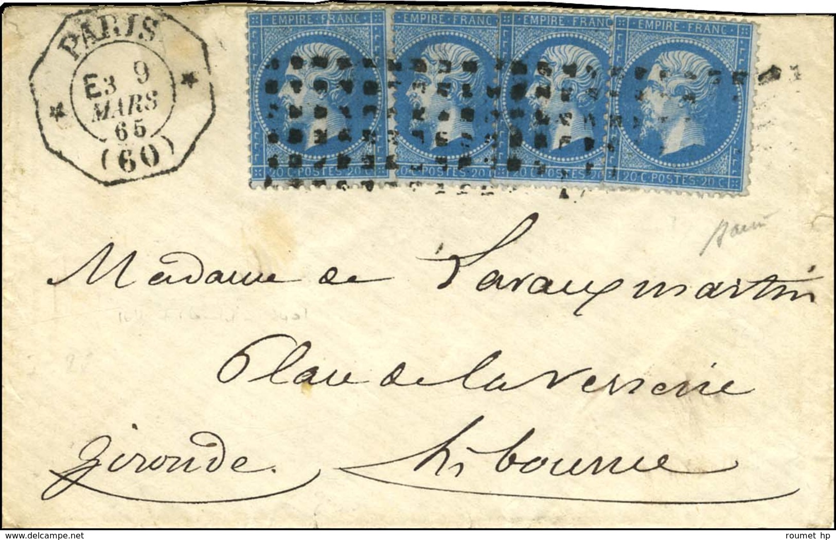 Rouleau De Gros Points / N° 22 (4) Càd Octo De Lev. Exp. * PARIS * (60) E3 Sur Lettre Pour Libourne. 1865. - SUP. - R. - Other & Unclassified