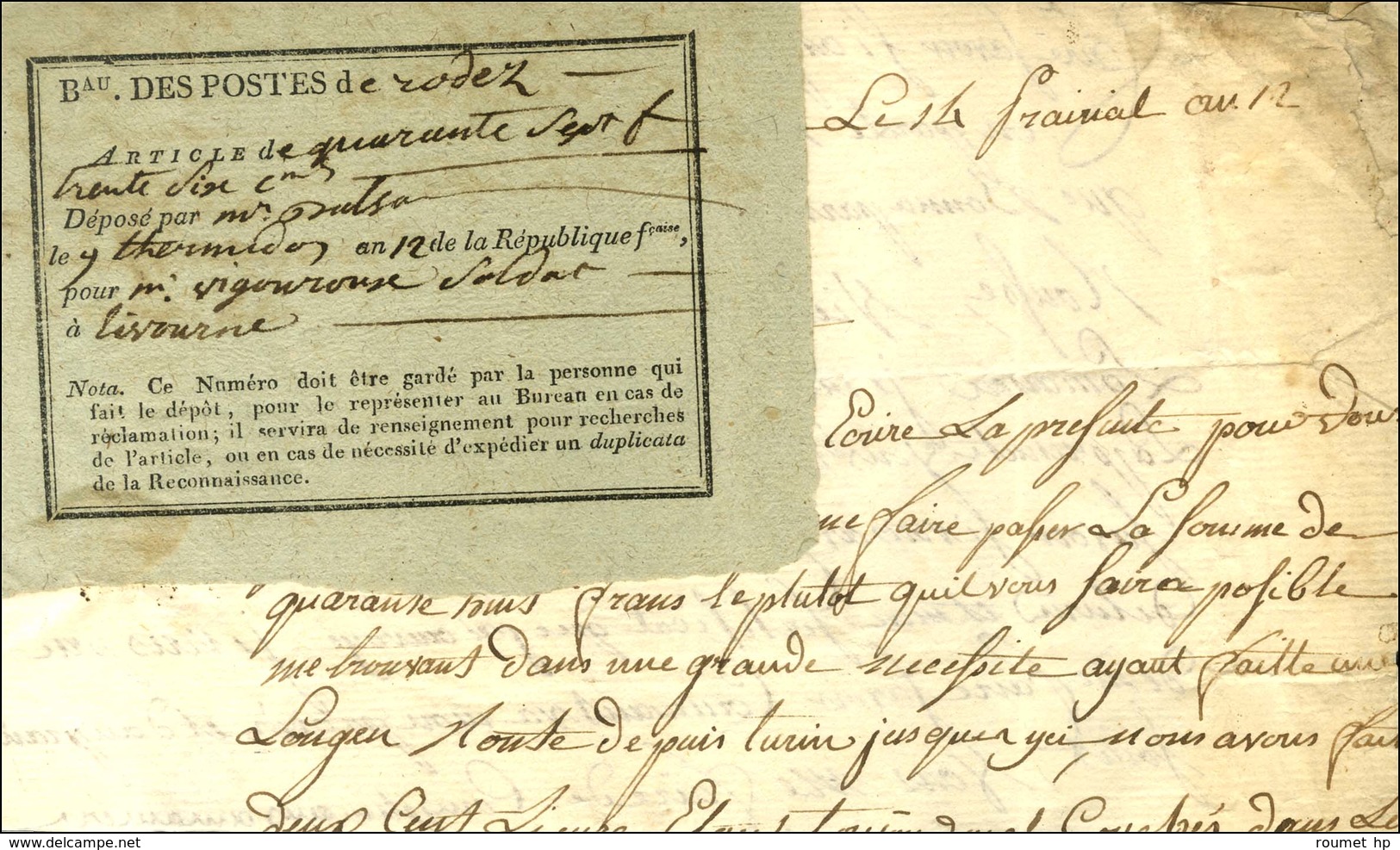 Lettre De Livourne (Toscane) Adressée Par Un Soldat D'infanterie à Rodez. A L'arrivée, étiquette Du Bureau De Poste Du B - Other & Unclassified