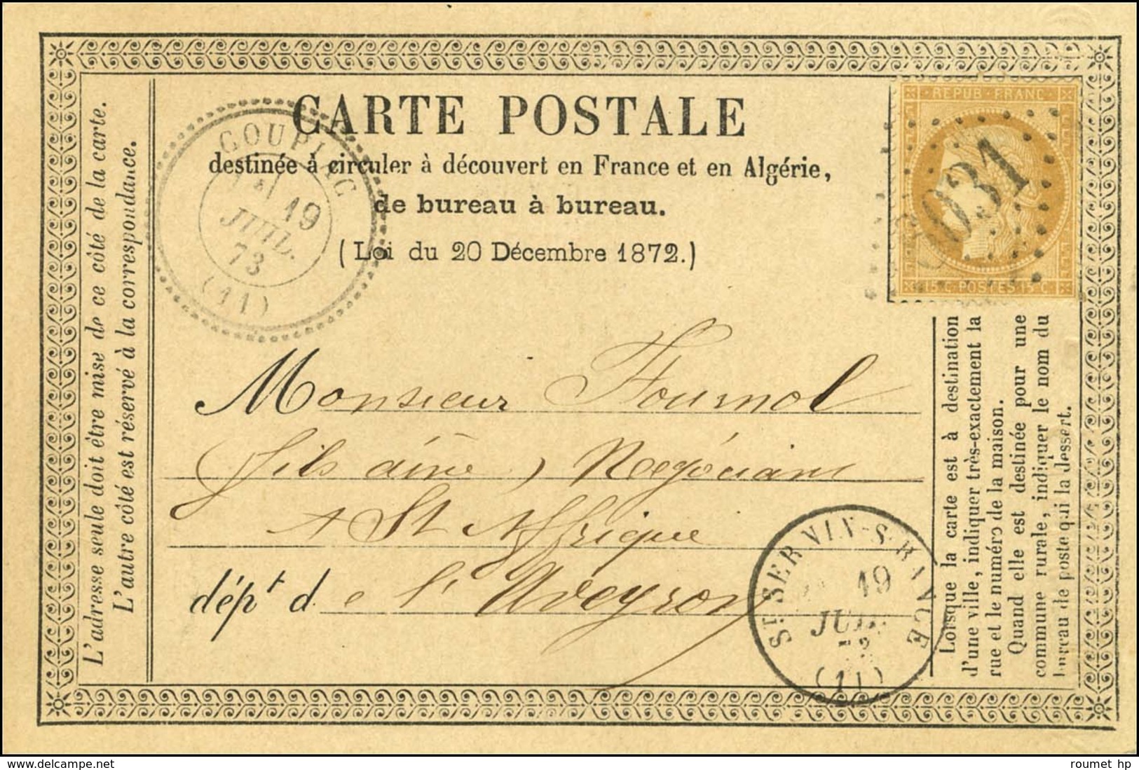 GC 6031 / N° 59 Càd T 24 COUPIAC (11) Sur Carte Précurseur. 1873. - TB / SUP. - R. - Other & Unclassified