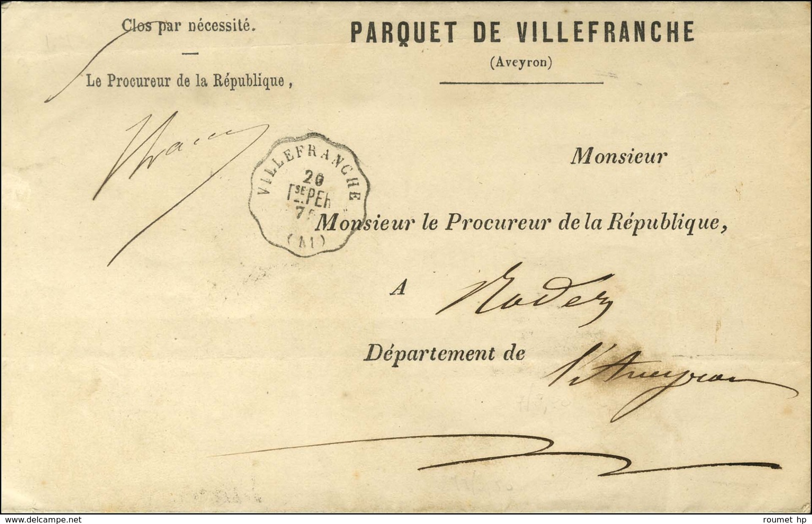 CONV. STAT. VILLEFRANCHE / Tse. PER (11) Sur Lettre En Franchise Pour Rodez. 1875. - SUP. - Other & Unclassified