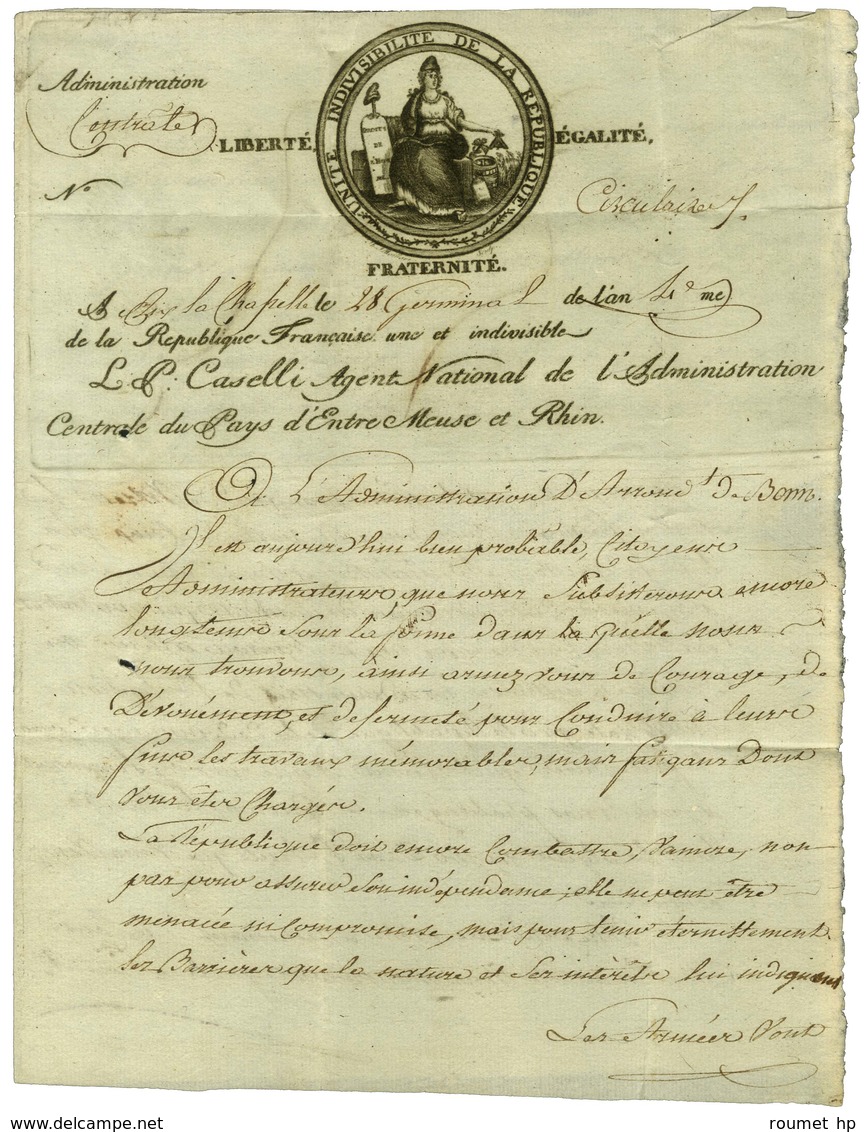 Cachet Orné AGENT NATIONAL DE L'ADMINISTRATION CENTRALE DU PAYS D'ENTRE MEUSE ET RHIN Sur Lettre Avec Texte Daté D'Aix L - Sellos De La Armada (antes De 1900)