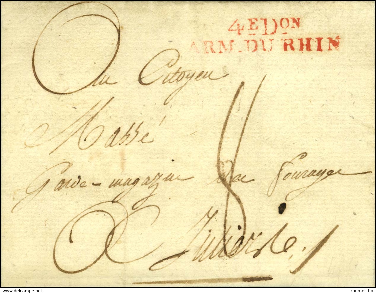 4e Don / ARM. DU RHIN Rouge Sur Lettre Avec Texte Partiel Daté Au Quartier Général à Augsbourg An 8. - SUP. - Army Postmarks (before 1900)