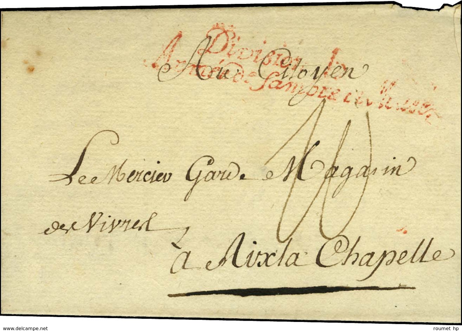 ' Division H / Armée Sambre Et Meuse ' Rouge Sur Lettre Avec Texte Partiel '' Rapport Au 7 Brumaire '' (1796) Adressée A - Army Postmarks (before 1900)