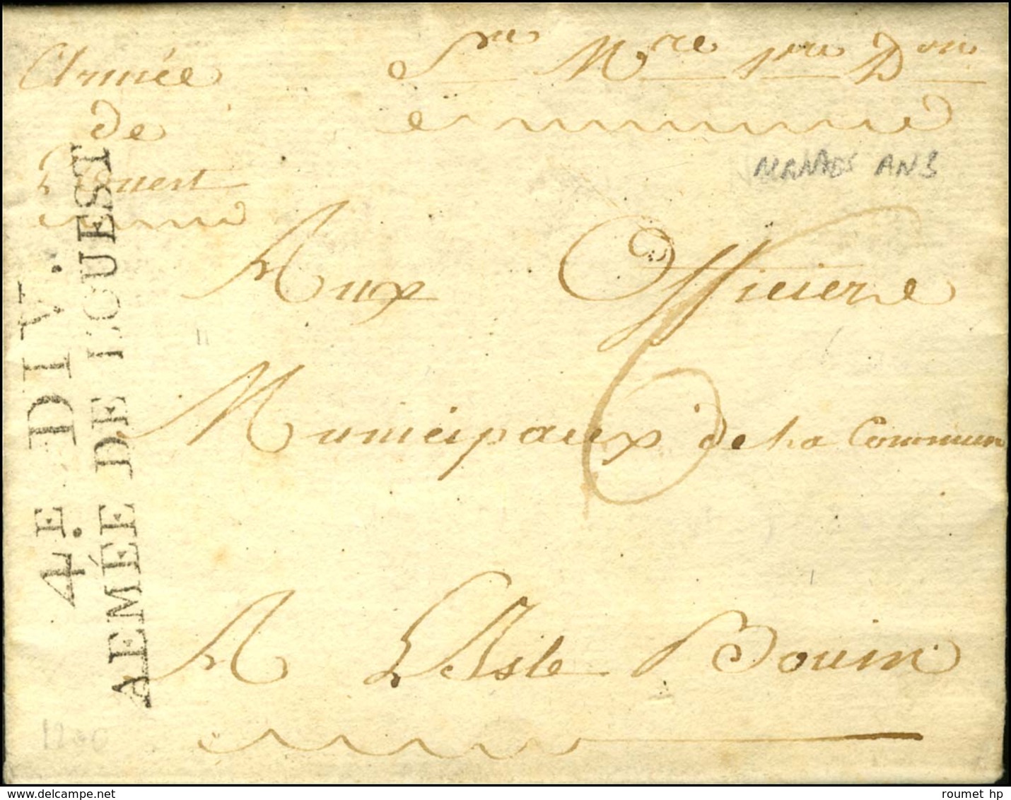 4e DIV. / ARMEE DE L'OUEST Sur Lettre Avec Texte Daté De Nantes Le 4 Germinal An 3. - SUP. - R. - Army Postmarks (before 1900)