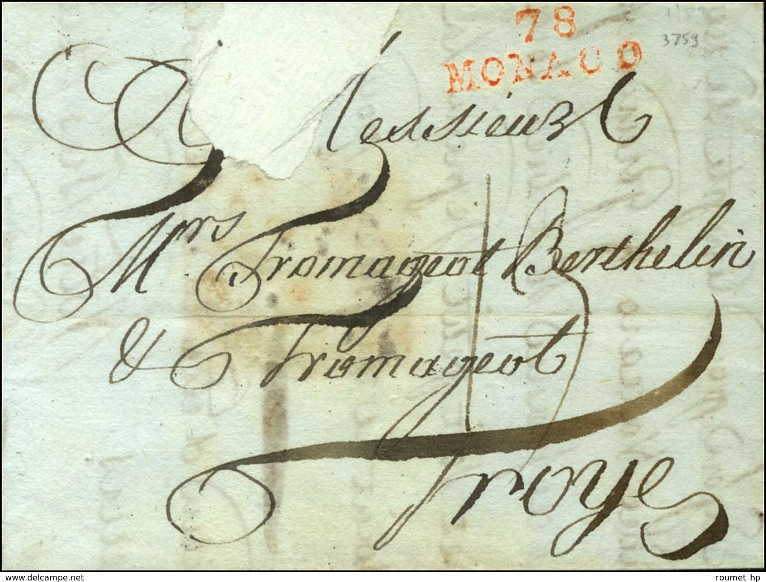 78 / MONACO  Rouge Sur Lettre (légère Restauration) Datée De Gênes Le 3 Août 1793 Pour Troyes. - TB / SUP. - R. - 1792-1815 : Departamentos Conquistados