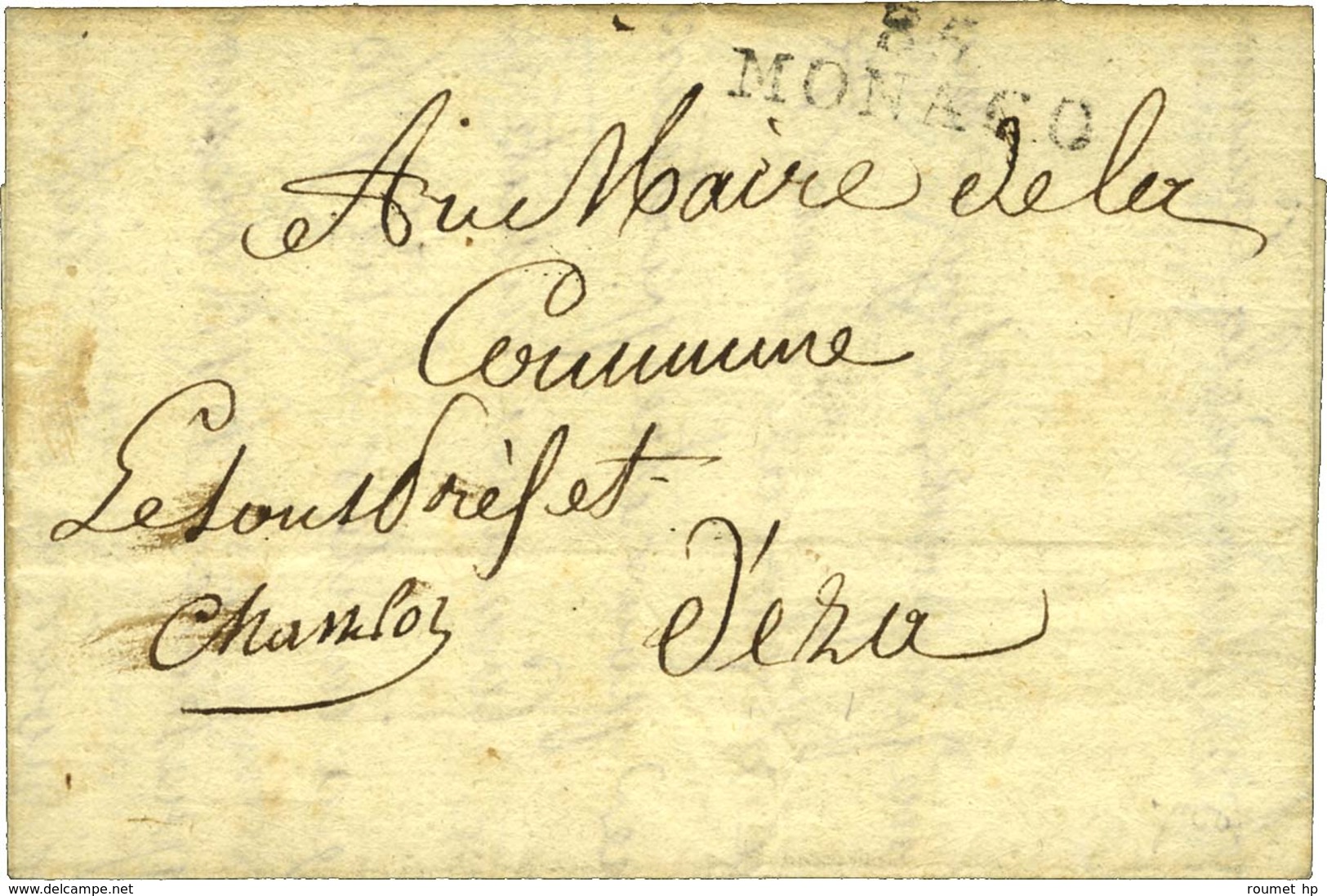 85 / MONACO Sur Lettre Avec Texte Daté Monaco Le 10 Prairial An 11, Adressée En Franchise Avec Paraphe Du Sous Préfet Ch - 1792-1815 : Departamentos Conquistados