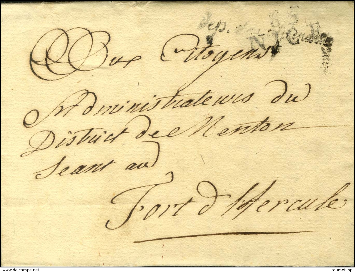 85 / NICE Sur Lettre En Franchise Pour Le District De Menton Séant Au Fort D'Hercule (NR De Monaco), Avec Texte Daté De  - 1792-1815: Conquered Departments