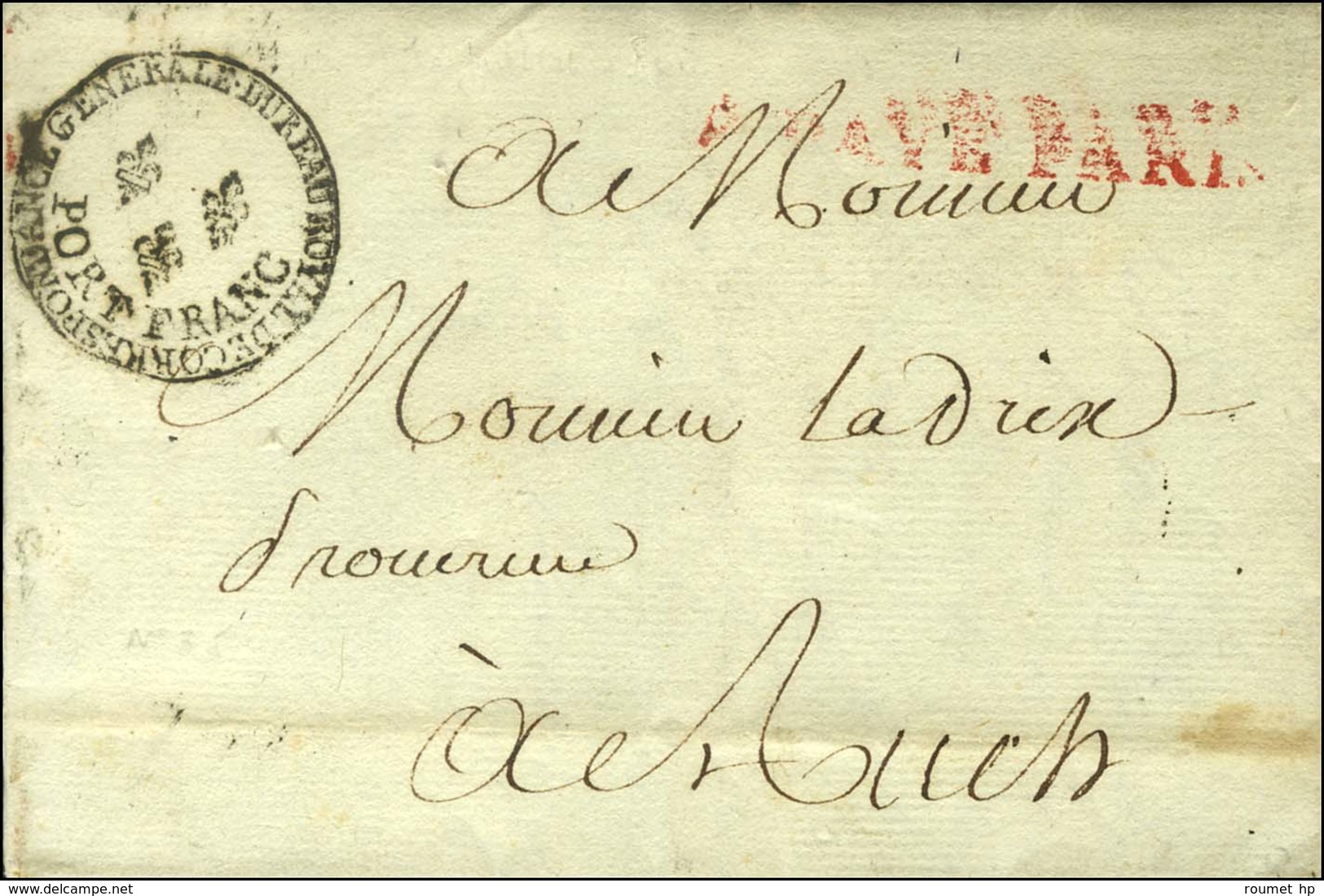 Cachet Orné BUREAU ROYAL DE CORRESPONDANCE GENERALE / PORT FRANC (+ 3 Fleurs De Lys) (S. N° 9087) Sur Lettre Avec Texte  - Civil Frank Covers