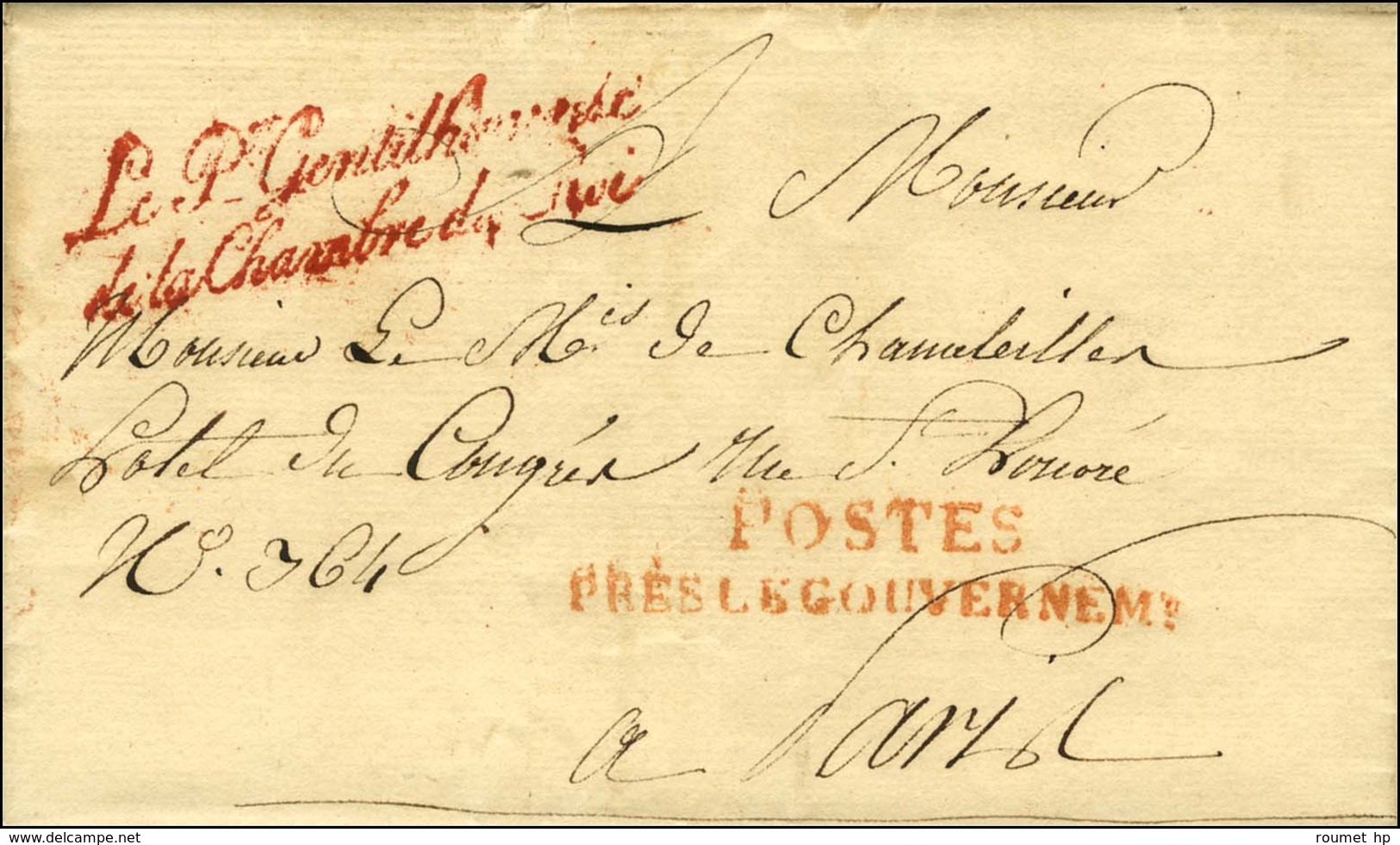 POSTES / PRES LE GOUVERNEMENT Rouge + Franchise Rouge Le Pr Gentilhomme / De La Chambre Du Roi (S. N° 3129) Sur Lettre A - Cartas Civiles En Franquicia