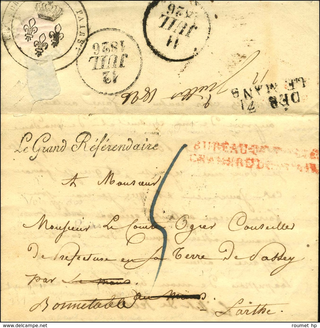 ' Le Grand Référendaire ' (S. N° 3981) Sur Lettre Avec Texte Daté De Paris 1826 Adressée Au Mans, Réexpédiée à Bonnetabl - Civil Frank Covers