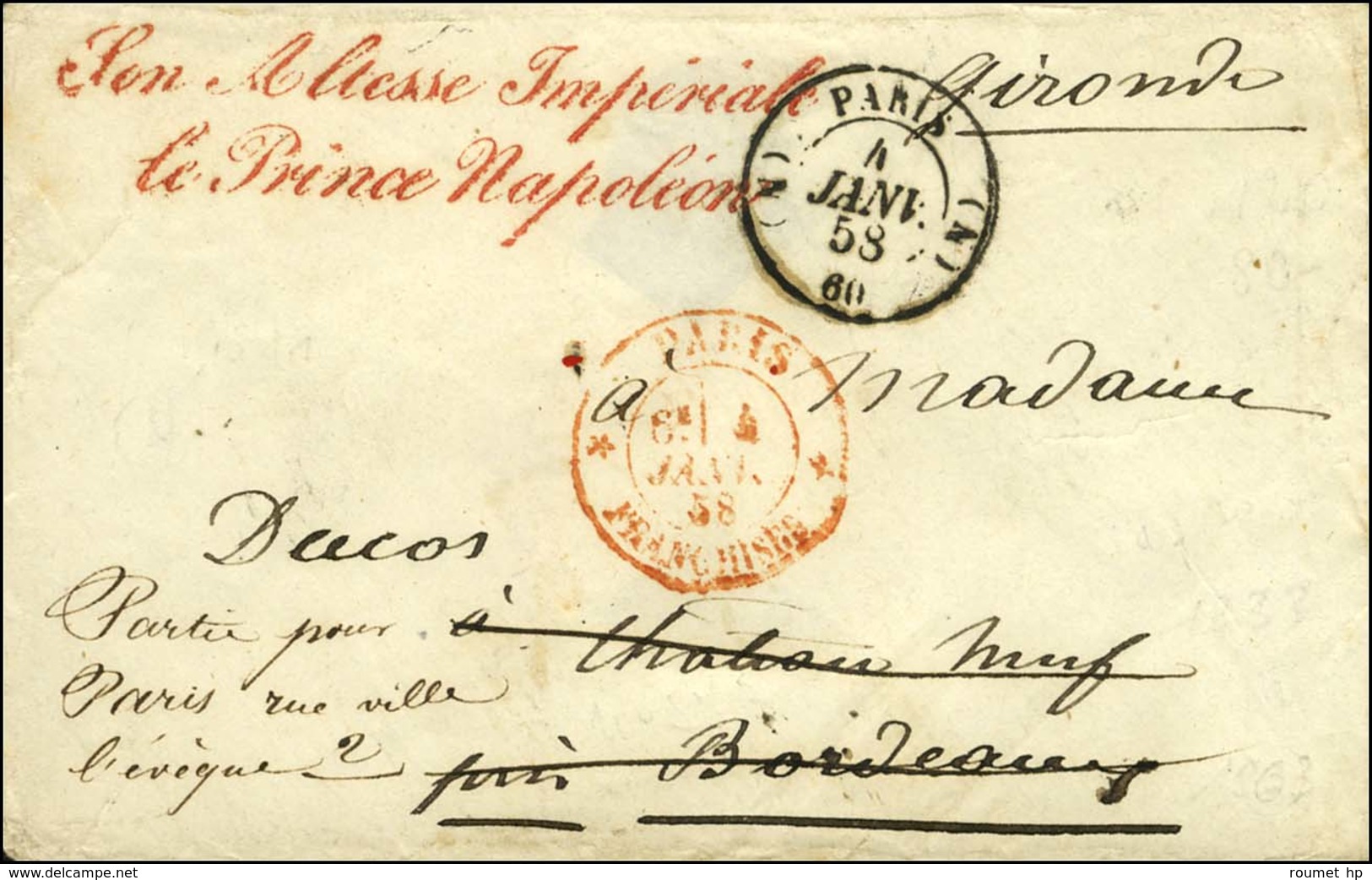 Son Altesse Impériale / Le Prince Napoléon Rouge (S. N° 5807) + Càd (N) PARIS (N) 60 Sur Lettre En Franchise. 1858. - SU - Civil Frank Covers