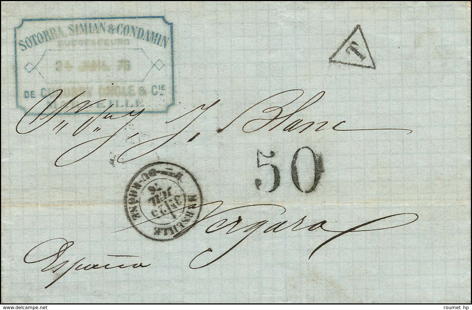 Càd T 18 MARSEILLE / BCHES-DU-RHÔNE Sur Lettre Non Affranchie Pour L'Espagne, Taxe Tampon 50. 1876. - TB. - Other & Unclassified