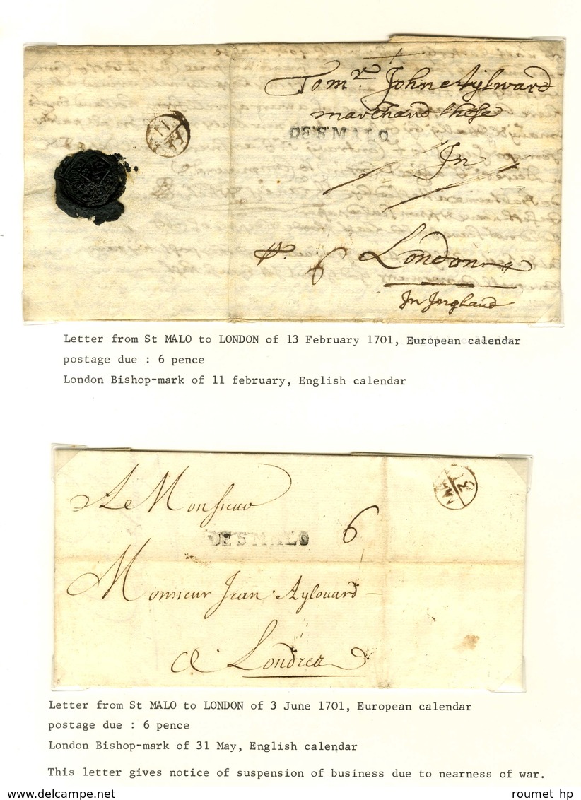 Lot De 2 Lettres De St Malo Pour Londres (1701 Avec Mention De Taxe). - TB. - Other & Unclassified