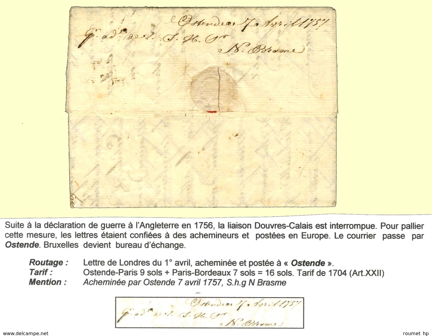 Lettre Avec Texte Daté De Londres Le 1 Avril 1757 Acheminée Et Postée à Ostende (mention D'achemineur Au Verso) Pour Bor - Other & Unclassified