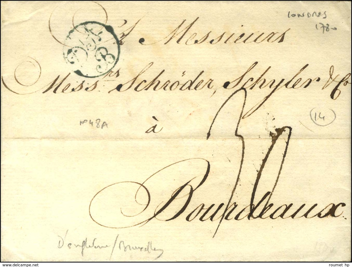 Lettre Avec Texte Daté De Londres Pour Bordeaux. Au Recto, Marque Postale Bleue D'A / B (d'Angleterre Bruxelles). 1880.  - Other & Unclassified