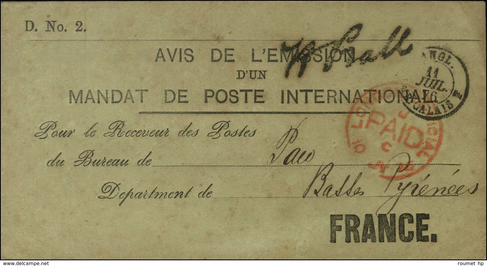 Avis De L'émission D'un Mandat De Poste International Daté De Londres Pour Pau. 1876. - TB / SUP. - Other & Unclassified