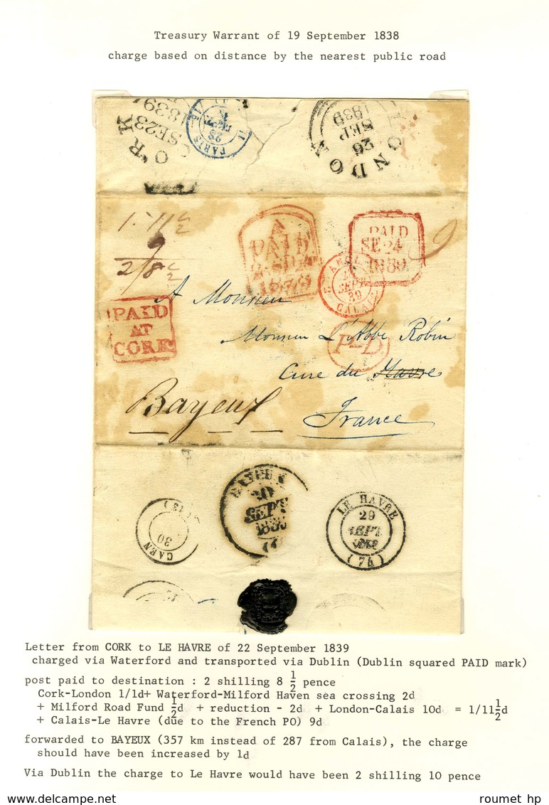 Lettre De Cork à Destination Du Havre Avec Texte Daté Le 22 Septembre 1839. Au Recto, Marque Postale Encadrée Rouge PAID - Other & Unclassified